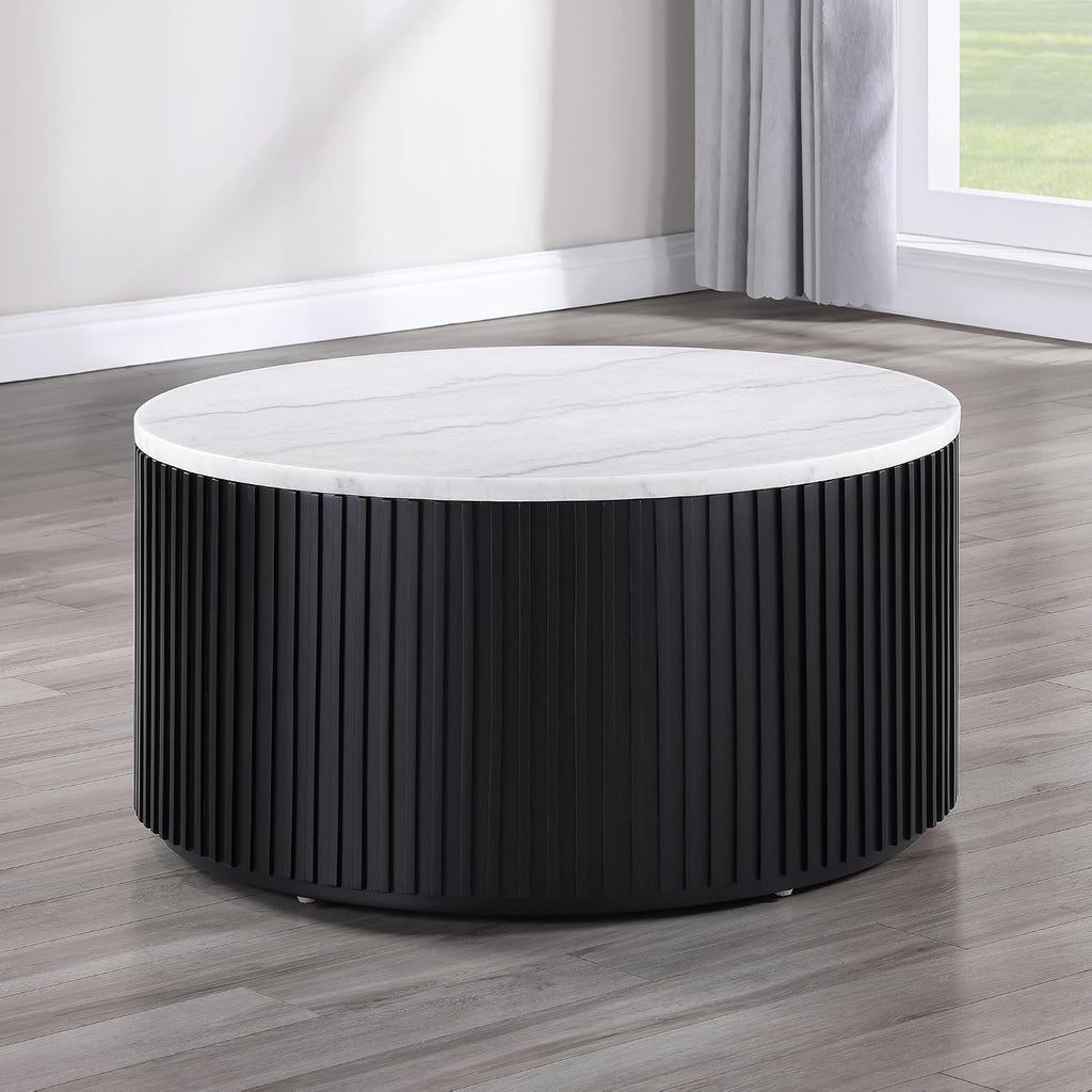 Steve Silver Furniture Colvin White Marble Cocktail Table, Contemporary/Modern Design, 36' Round Table, Coffee Table, Living Room Centerpiece, Wooden Drum Base, 36' W x 36' L x 19' H, Black, White