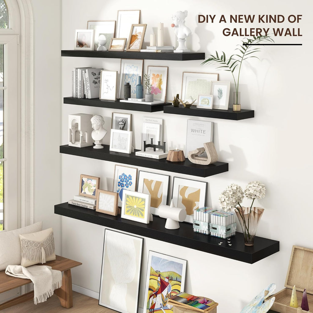 Venusmiles Floating Shelf for Wall 71 inch Long, Engineered Wood Large Wall Shelves with Invisible Brackets for Living Room Bedroom Bathroom Office Kitchen Decor and Storage, Black Finish, Set of 1