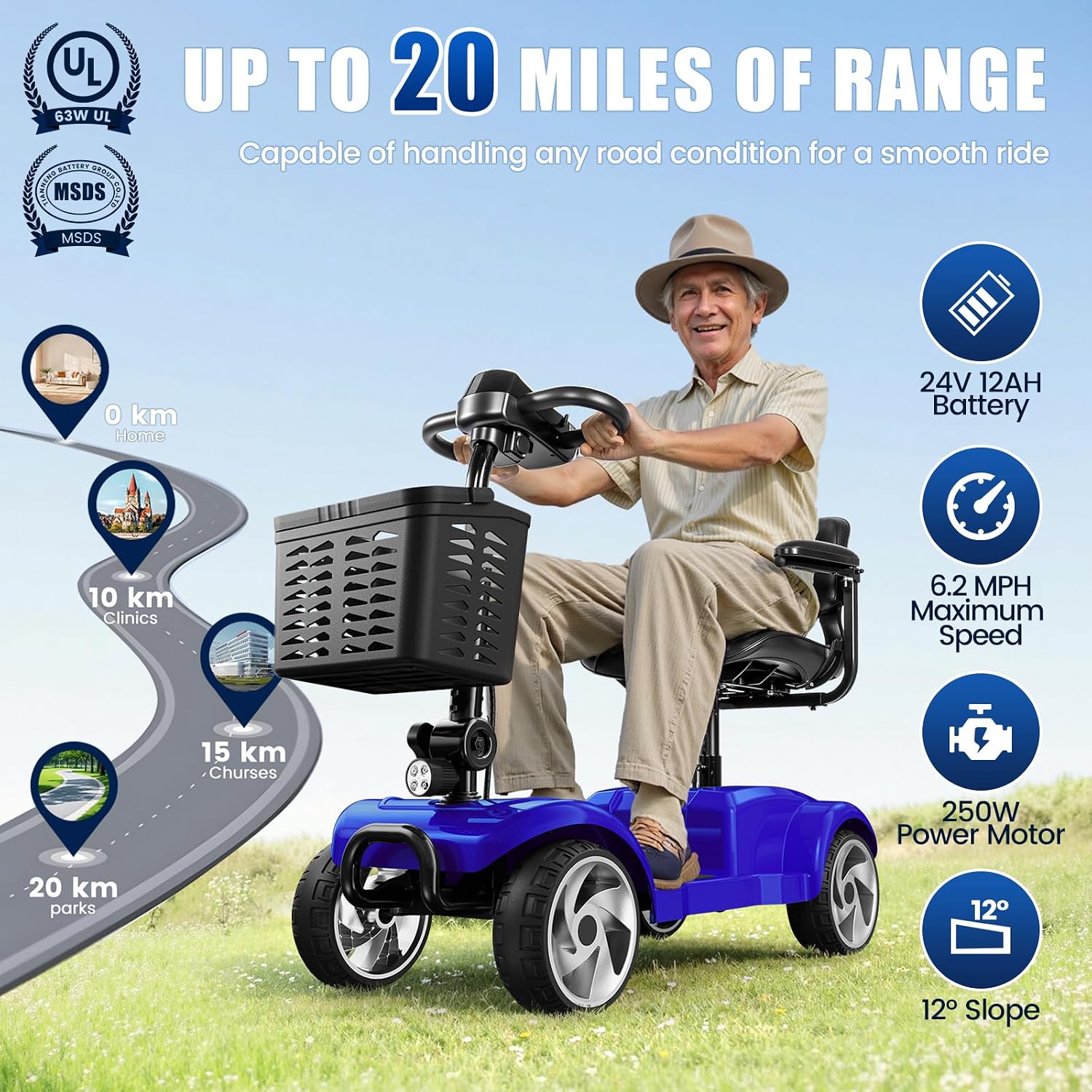 4 Wheel Electric Mobility Scooter for Adults and Seniors, 20 Miles Range Foldable Electric Scooter, Compact Heavy Duty Mobile for Cruise Travel with 300 lb Capacity, Powered Electric Wheelchair, Blue