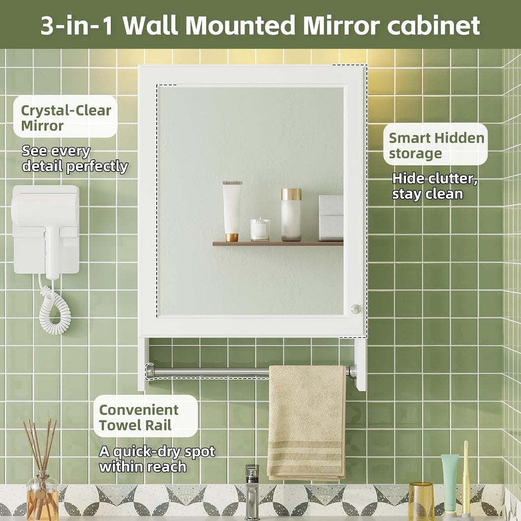 Wall Mounted Bathroom Mirror Cabinet with Soft-Close Door and Adjustable Shelf, 20' White Medicine Cabinet with HD Mirror and Towel Bar, MDF and Rubber Wood Construction for Bathroom Storage