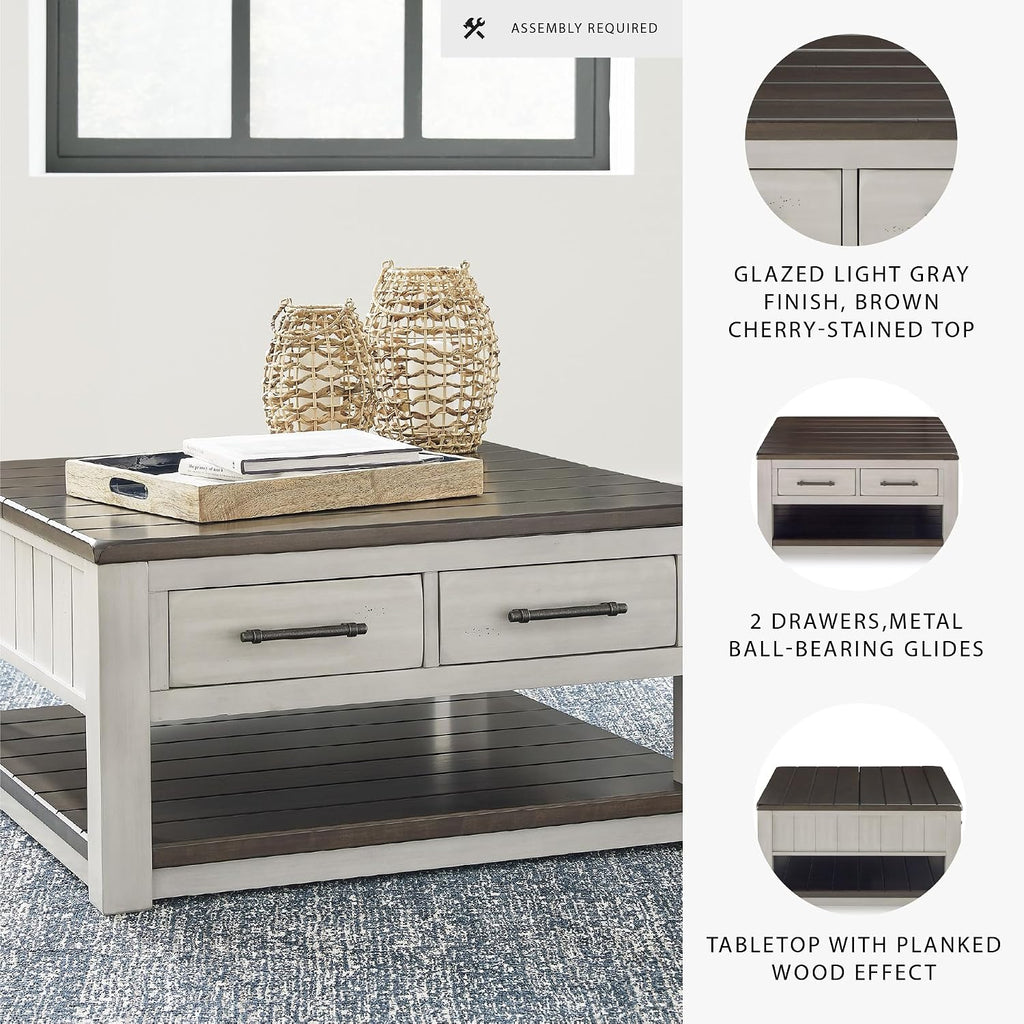Signature Design by Ashley Darborn Farmhouse Lift-Top Coffee Table with Drawers, Lower Shelf and Casters, Light Gray & Dark Brown