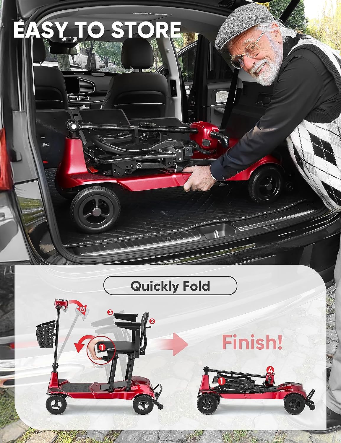 Mobility Scooters for Adults & Seniors - Ultra Lightweight 27.5 lbs Carbon Fiber Folding Electric Scooter - Airlines Approved All-Terrain Portable Scooter with Basket and Charger Included-Red