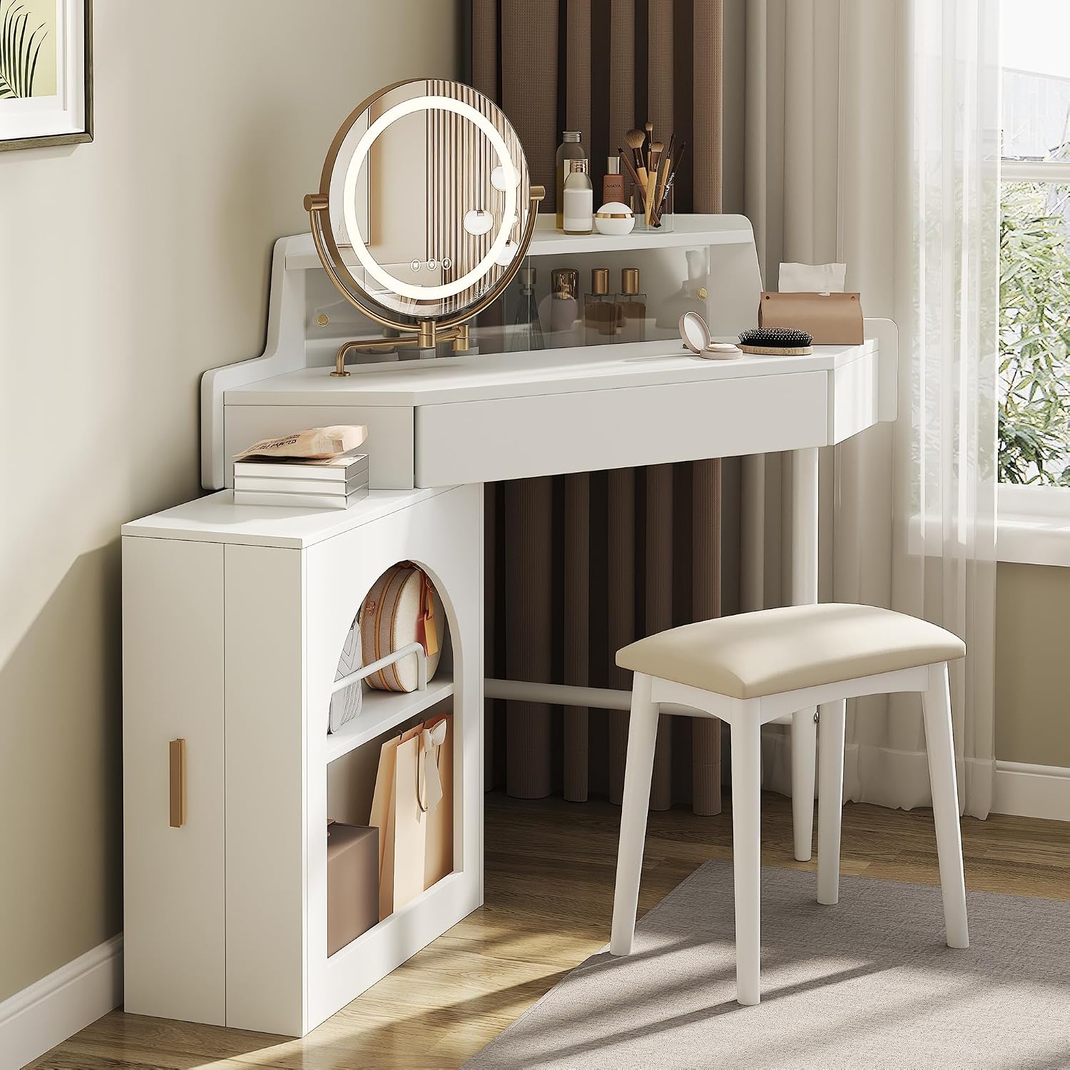 Merax Corner Vanity Desk with Mirror & LED Lights & Stool, Modern Makeup Vanity Table with Drawer Shelf Cabinet for Bedroom, Brightness Adjustable Folding Mirror (White)