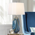Possini Euro Design Pablo Modern Style 3-Way Table Lamp with Table Top Dimmer 27' Tall Multi Color Blue Art Glass Fabric Drum Shade for Living Room Bedroom Bedside Nightstand Home (Color May Vary)