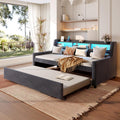 Twin Size Upholstered Daybed with Pop Up Trundle Bed, Storage Shelves, LED Light and Charging Station, Modern Velvet Corner Sofa Day Bed Frame for Bedroom, Living Room, Dark Grey