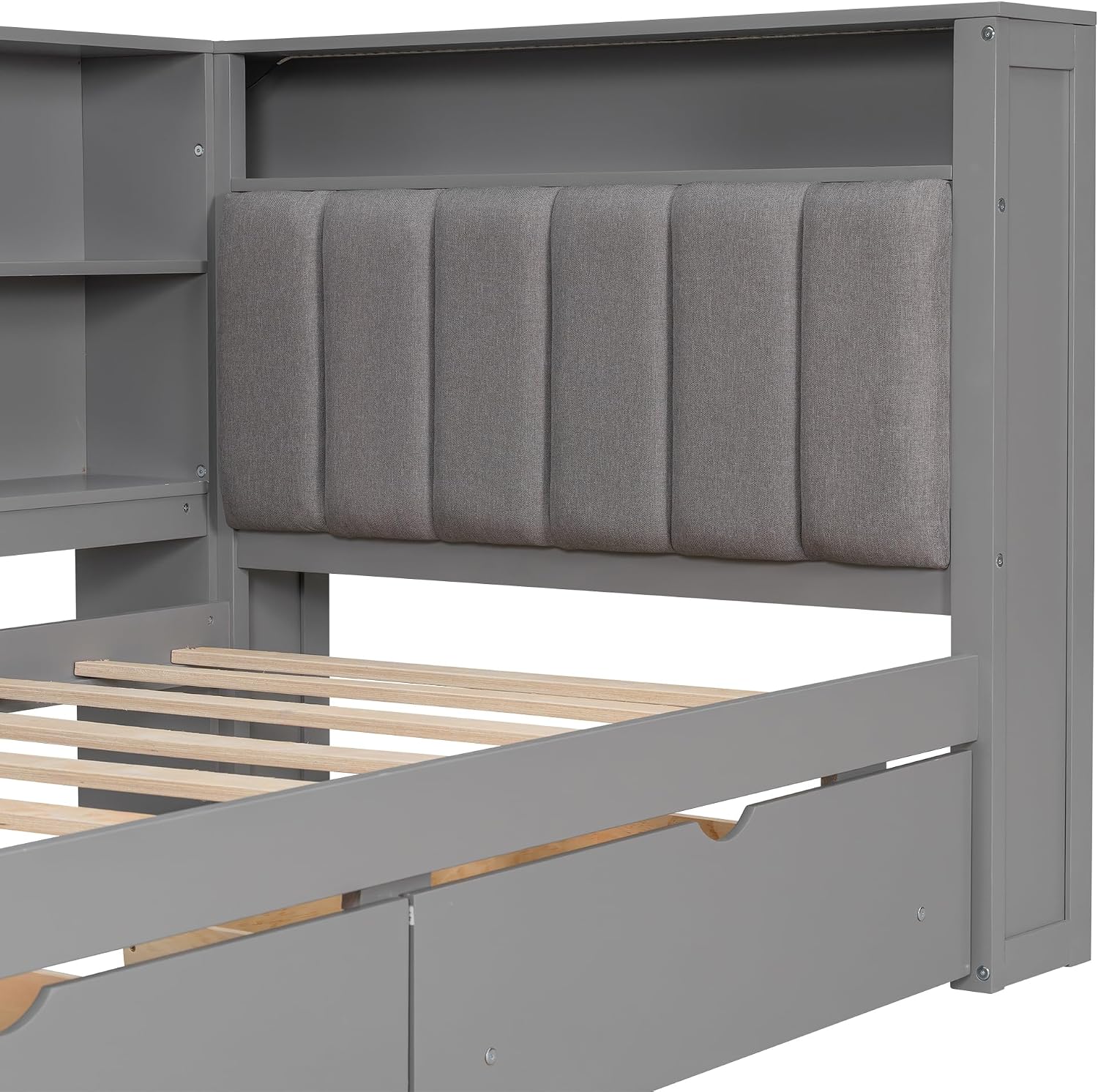 Twin Daybed with Storage,Desk,Upholstered Headboard and LED Light &Charging Station, Solid Wood Corner Bed Frame with Storage Drawers and Bookcase for Adults,No Box Spring Needed (Twin,Grey)
