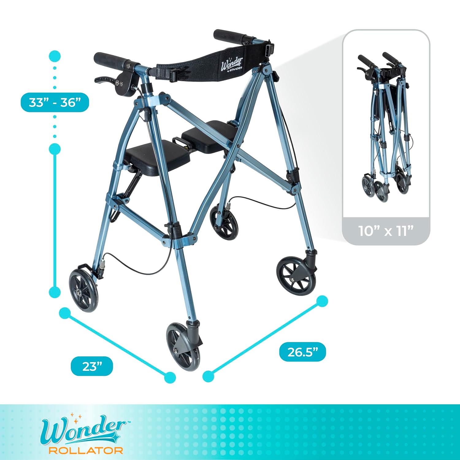 Stander Space Saver Rollator, Lightweight Folding Rolling Walker with Seat for Seniors & Adults, 4-Wheel Mobility Aid with 6-inch Wheels, Locking Brakes & Padded Seat with Backrest, Cobalt Blue