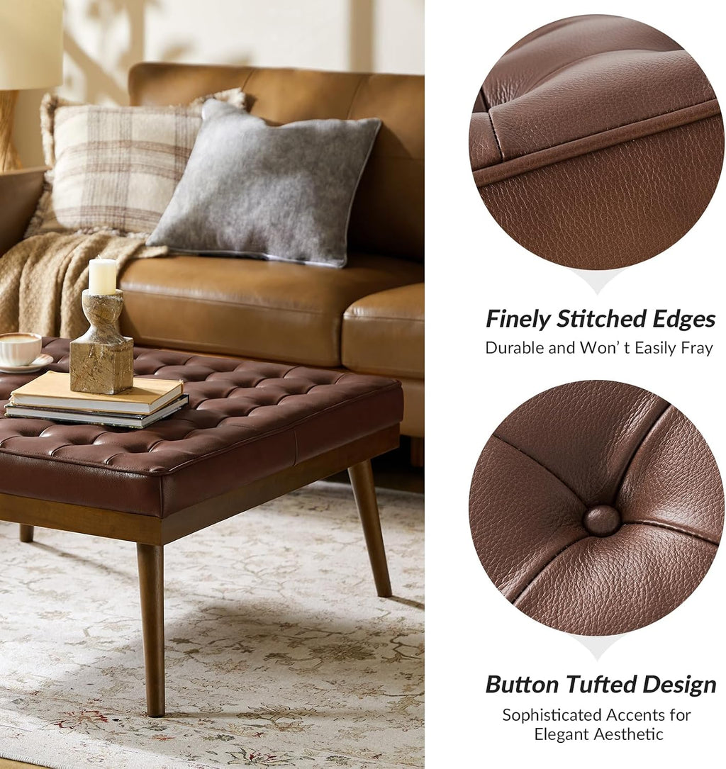 HULALA HOME Genuine Leather Square Coffee Table, Button Tufted Upholstered Ottoman Coffee Table with Solid Wooden Flared Legs, Mid-Century Modern Extra Seating for Living Room, Brown