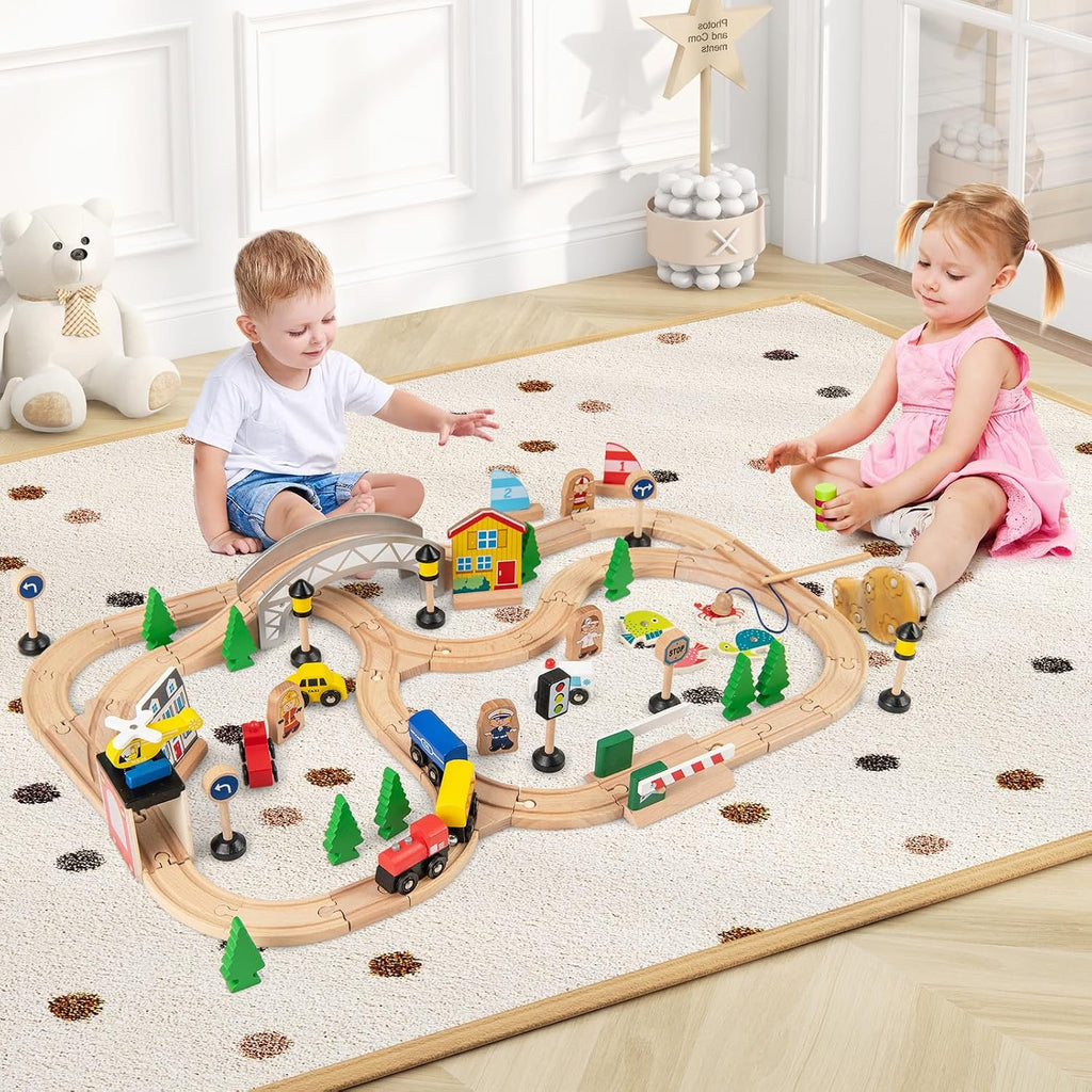 Costzon Train Table, 5 in 1 Kids Activity Wooden Set w/ 78 Pieces Railway Playset, Reversible Map Top, Blackboard, Building Bricks Station & Large Storage Space, Toddler Sensory Table for 18 M+