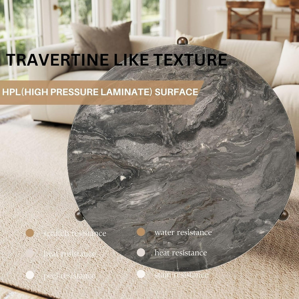 Travertine Texture Coffee Table 31.5 inch Modern Faux Marble Coffee Table Low Circle Center Table for Living Room Round Accent Table with Three-Legs for Apartment, Dark Grey