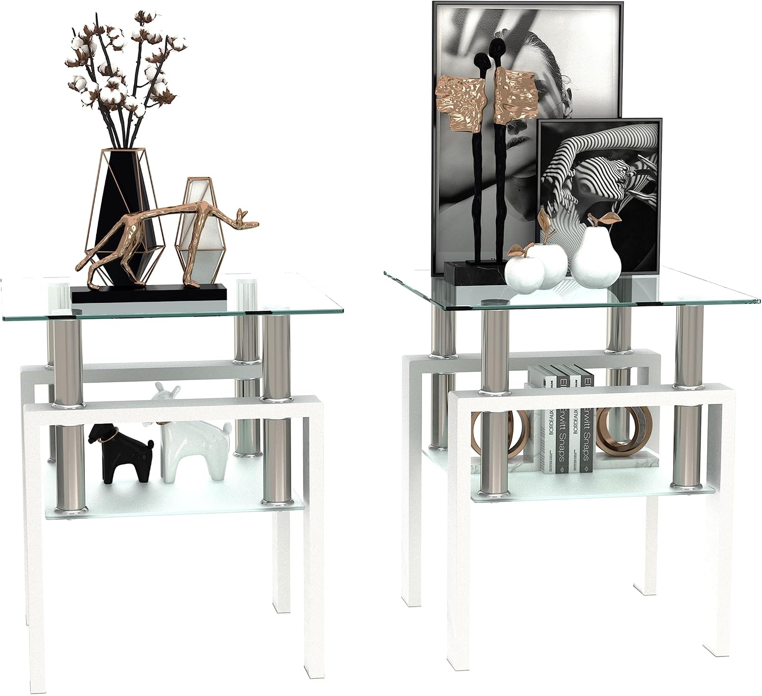 Living Room Tables Set,3 Piece Glass Coffee Table and End Tables Set for Living Room, Coffee Table Set with Tempered Glass Tabletop and Metal Frame for Apartment, Small Space, White