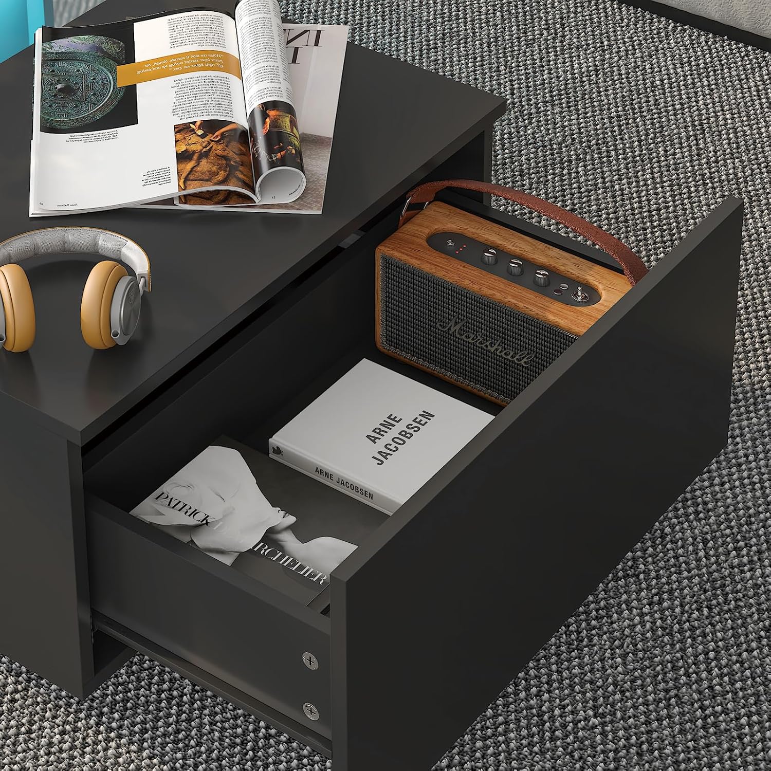 HedoAjim Black Led Coffee Table for Living Room, Rectangular Living Room Table with Storage, Acrylic Coffee Tables with 2 Sliding Drawers, Wood Center Table for Reception Dinning Room