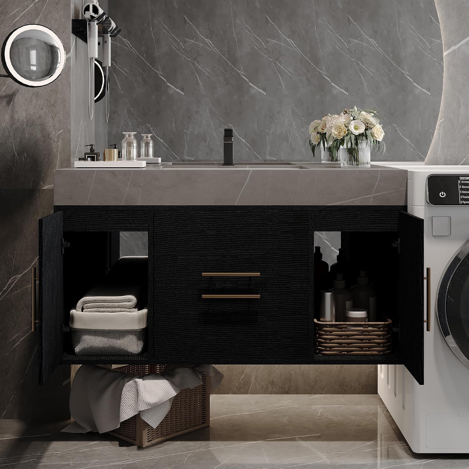 39.4' Bathroom Vanity with Oval Ceramic Sink, Floating Vanity Bathroom Sink Cabinet Wall Mount, Soft-Close Function 2 Large Hidden Drawers & Cabinet