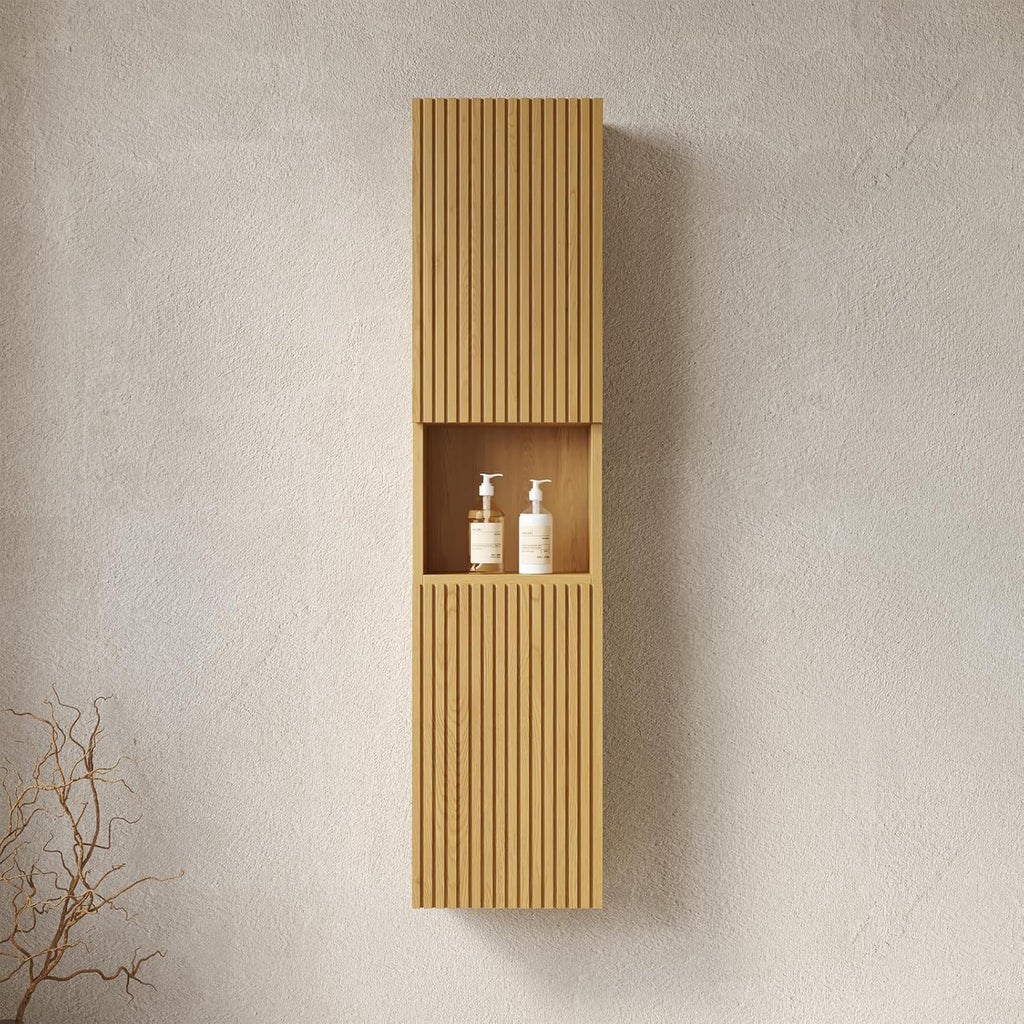 14-Inch Floating Bathroom Vanity Side Cabinet, 59' Tall Narrow Wood Storage Cabinet with Door and Shelf, Suitable for Small Spaces, Corners, Bathroom, Living Rooms and Laundry, Oak
