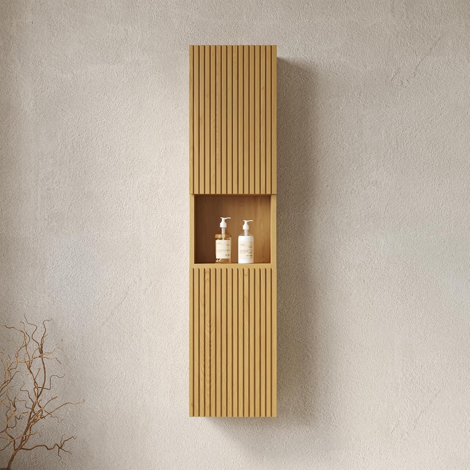 14-Inch Floating Bathroom Vanity Side Cabinet, 59' Tall Narrow Wood Storage Cabinet with Door and Shelf, Suitable for Small Spaces, Corners, Bathroom, Living Rooms and Laundry, Oak