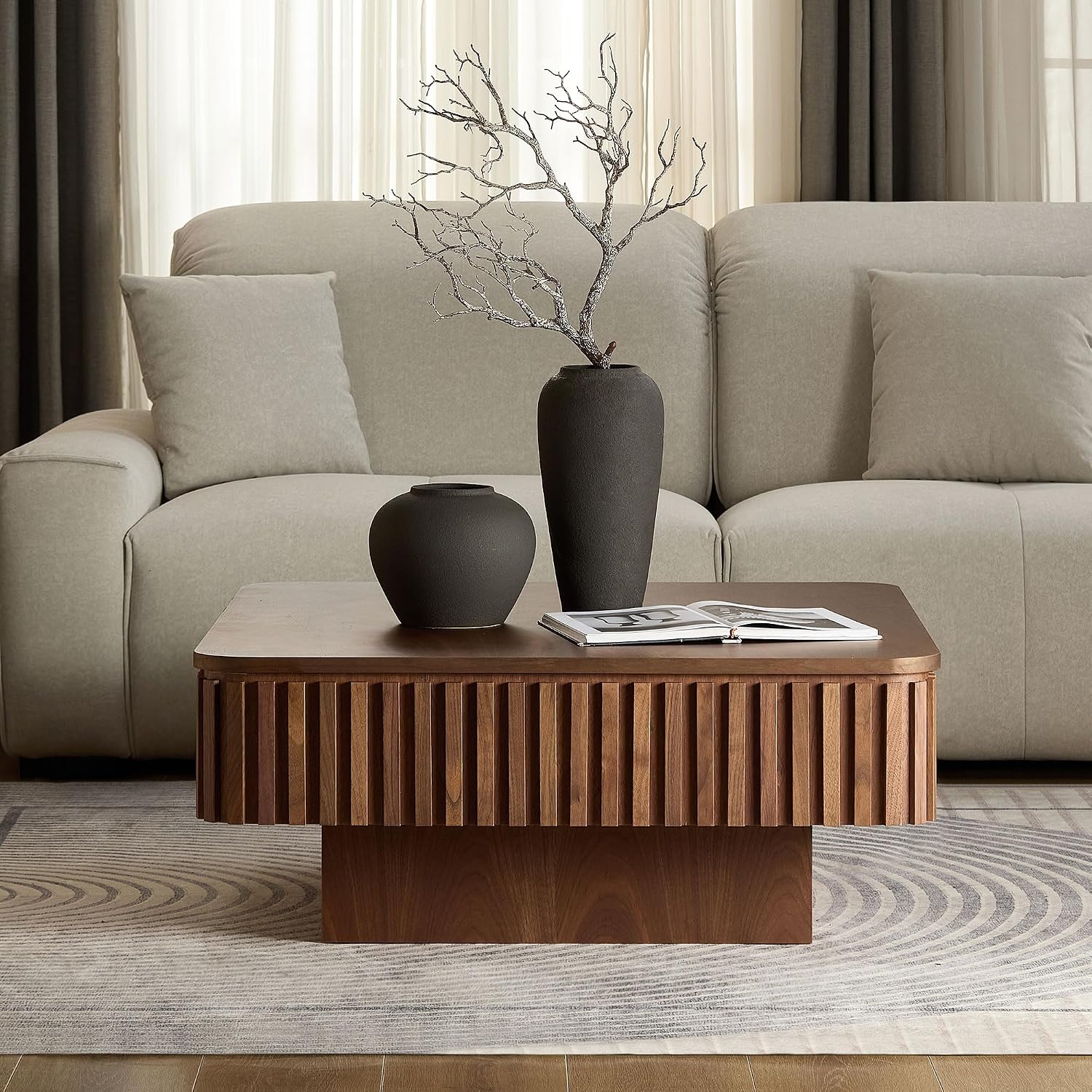 Lift Top Coffee Table Modern Handcraft Drum Coffee Table Table with Hidden Storage Space, Square Center Table for Living Room Apartment, Walnut