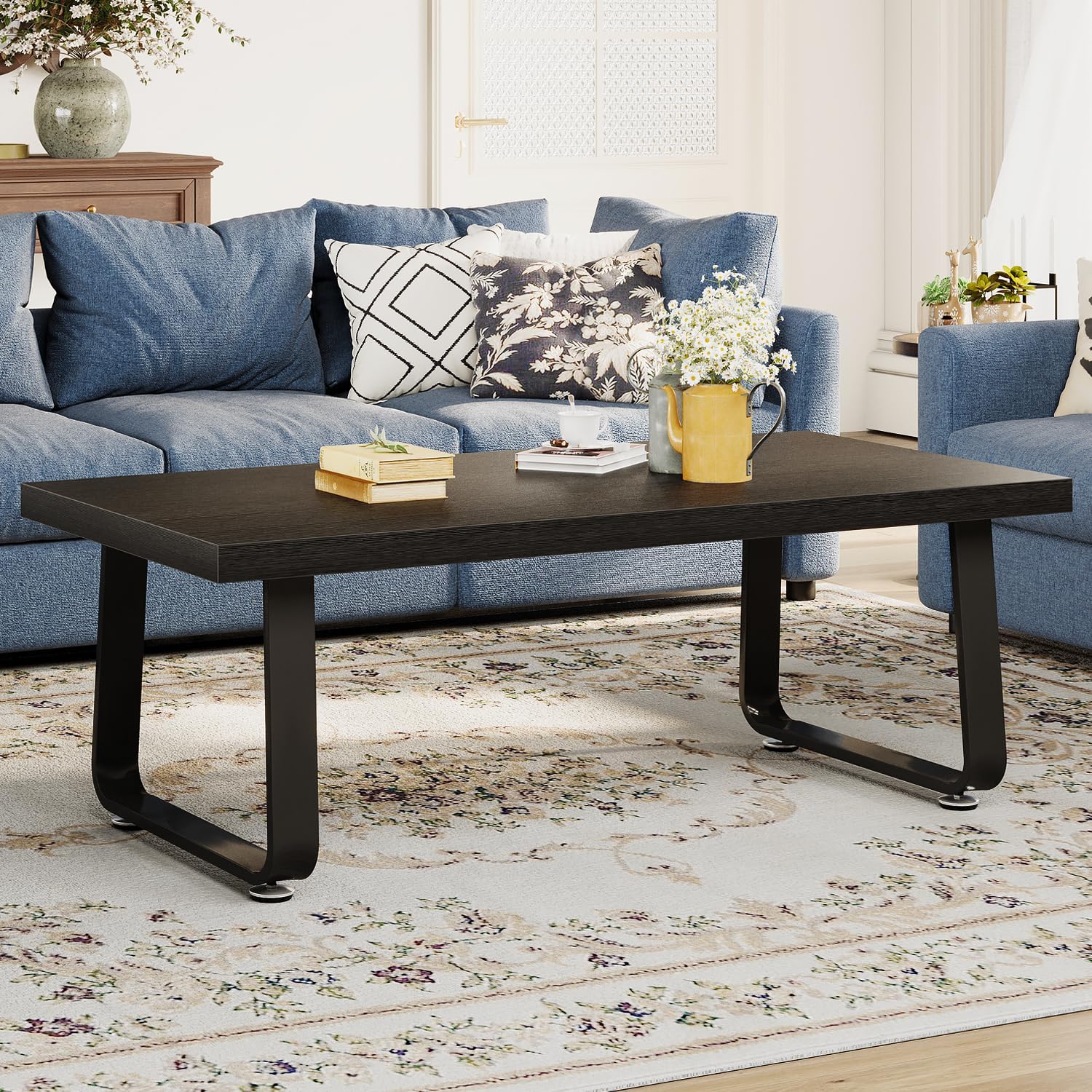 HSH Black Coffee Table, Industrial Wood and Metal Legs Center Table, Modern Minimalist Rectangle Cocktail Table for Living Room, Farmhouse Wooden Tea Table for Bedroom Home Office, Black Oak, 47 Inch