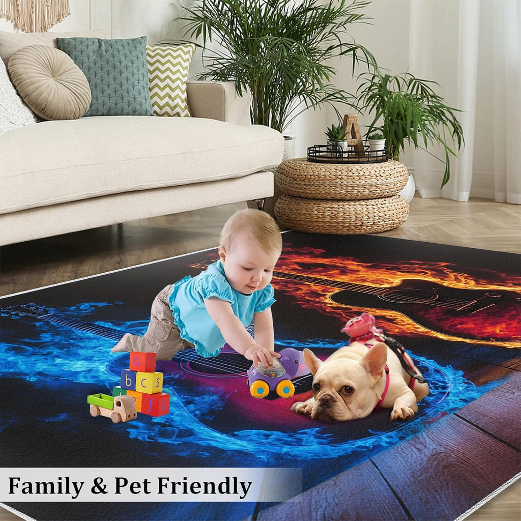Guitar Rug 5x7-5x7 Rug, Ice and Fire Area Rugs for Living Room, Passion Rock Washable Area Mat for Bedroom, Musical Instrument Carpet, Boys Room Carpet - Guitar Home Decor & Gift