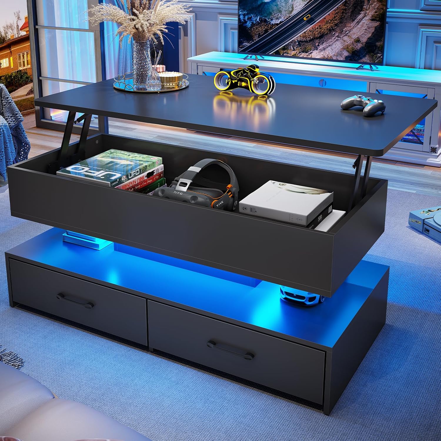 SEDETA 40' Lift Top Coffee Table, Coffee Tables with Storage for Living Room, Small Coffee Table with 2 Drawers & LED Light for Dining Reception Room, Black