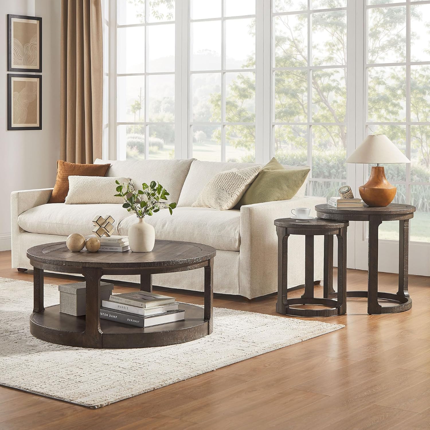 JUSTONE 40' Round Coffee Table for Living Room,2 Tier Traditional Round Circle Wooden Center Coffee Table,Rustic Industrial Coffee Table for Apartment, Easy Assembly (Brown)