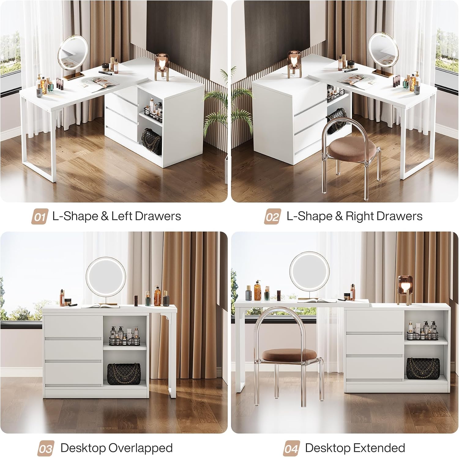 Tribesigns Vanity Desk with 3 Drawers and 2 Shelves, Small Makeup Table with Reversible Adjustable Storage Cabinet, Modern Corner Dressing Table for Bedroom, Makeup Room (Without Mirror) (Matte White)