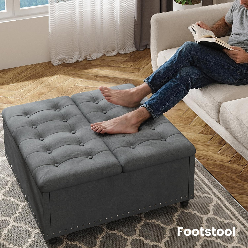 FUXA 35 Inch Large Square Ottoman with Storage, Oversized Ottoman Coffee Table with Lift Top and Wood Legs, Tufted Upholstered Storage Ottoman Bench for Living Room (Gray)