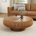 Round Drum Coffee Table with Sturdy Pedestal, Modern Wooden Fluted Coffee Table, Circle Center Table Accent Tea Table for Living Room Apartment Office Reception Room (Brown D31.5)