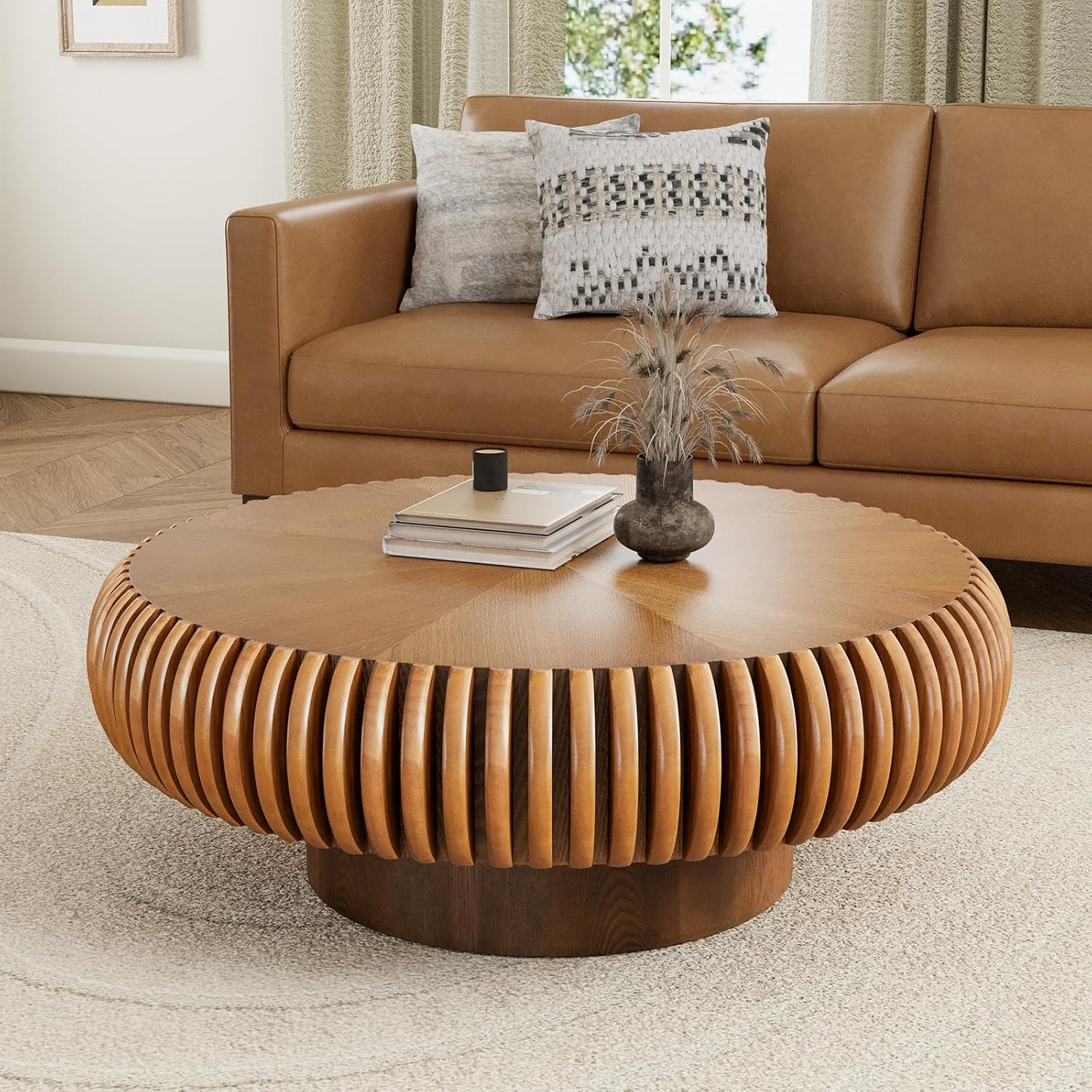Round Drum Coffee Table with Sturdy Pedestal, Modern Wooden Fluted Coffee Table, Circle Center Table Accent Tea Table for Living Room Apartment Office Reception Room (Brown D31.5)