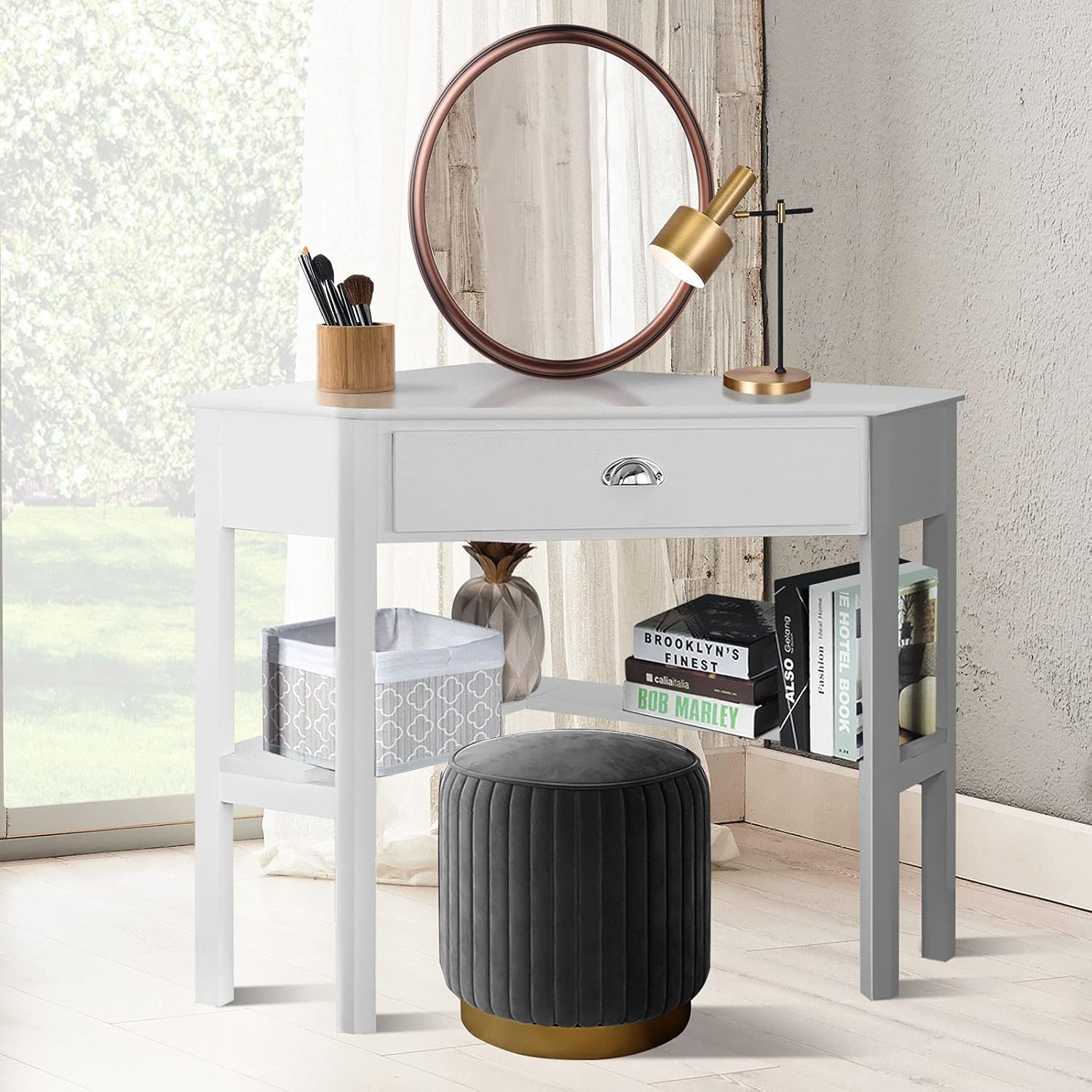 Corner Computer Desk, Space-Saving Table With Drawer & Shelves, Home Office 90 Triangle Workstation, Modern Makeup Vanity, Small Desk for Small Spaces (White)
