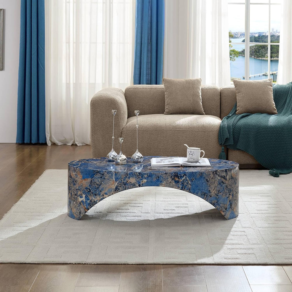 Oval Coffee Tables for Living Room, Faux Mars Pattern Pedestal CoffeeTables Mid Century Modern Minimalist Cave Tables Travertine Stone Pattern Accent End Table for Apartment, Office Fibgerglass Blue