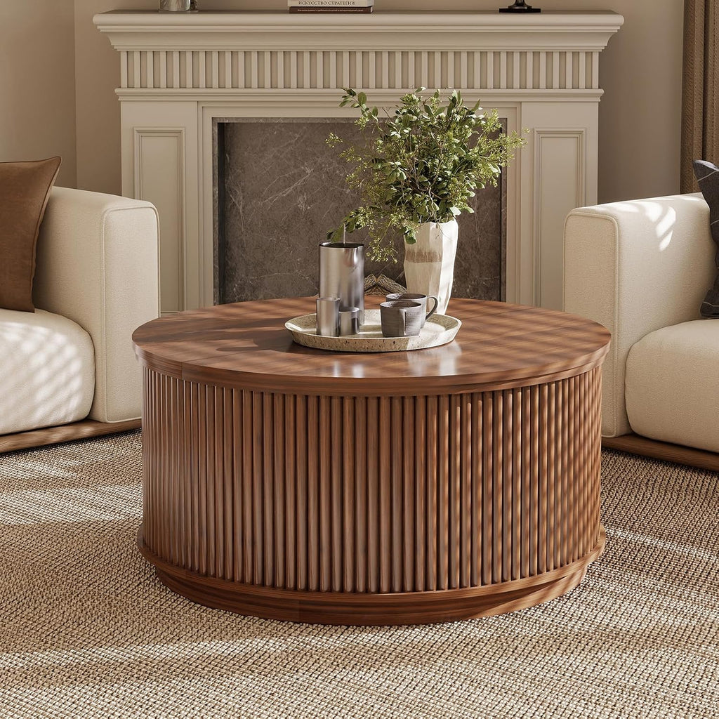 LYNCOHOME 31.5'' Fluted Flip Top Round Coffee Table with Storage, Drum Coffee Table, Modern Coffee Table for Living Room, Center Table for Living Room, Home Office, Dark Brown, Walnut