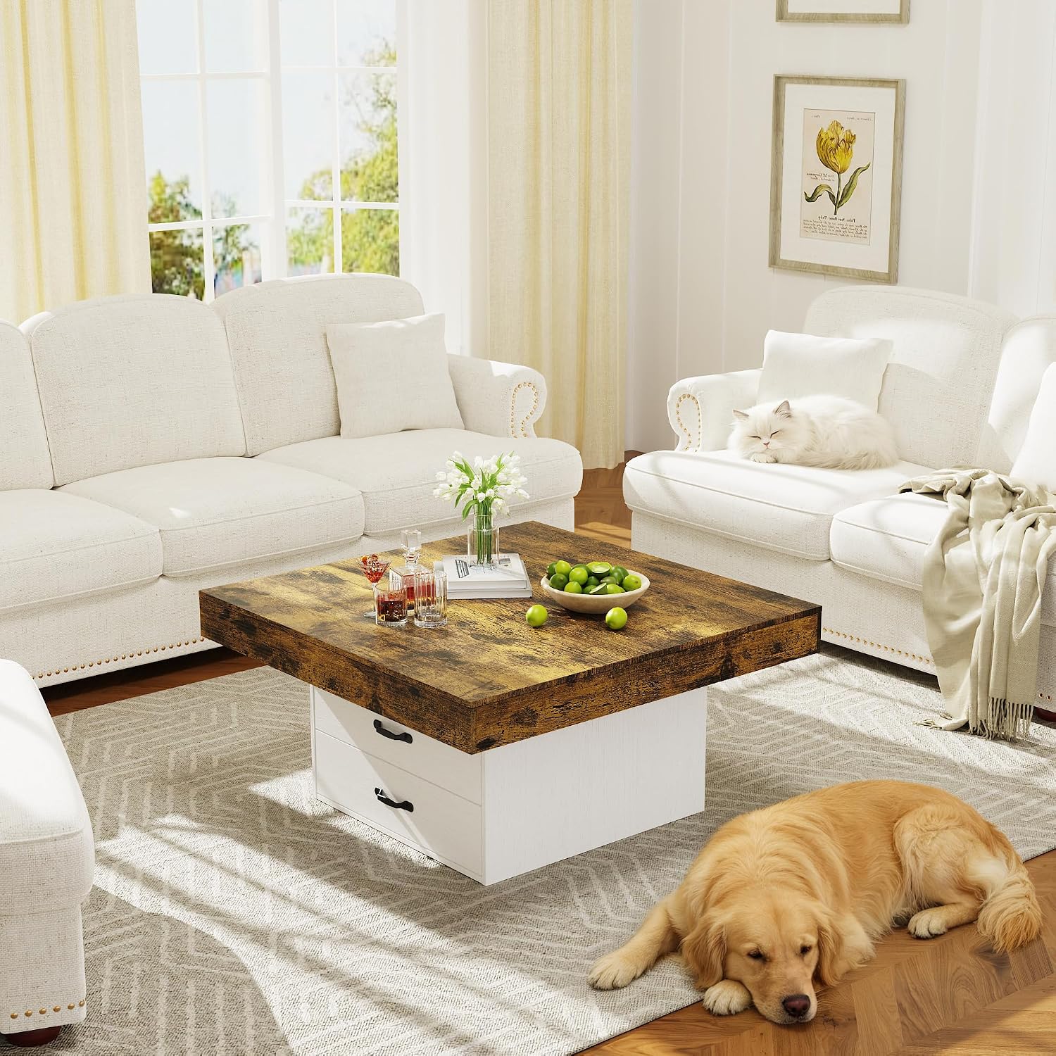 Square Coffee Table with LED Lights, 35.4' Coffee Tables for Living Room, Engineered Wood Modern Center Table with 2 Drawers for Home, Office (White)