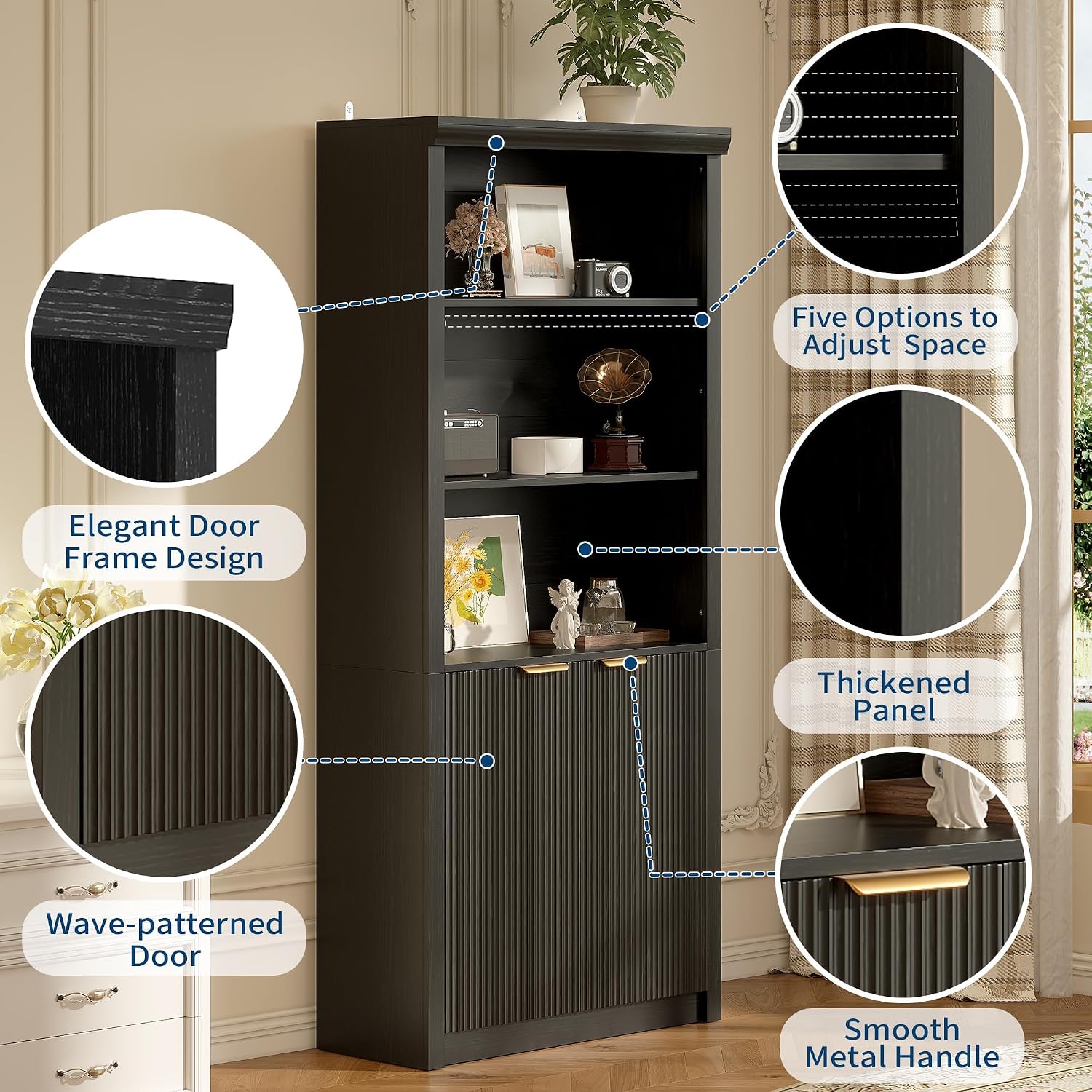 Tall Book Shelf and Bookcase, 31.5'Wide wooden Bookcase with Doors, Farmhouse Book Case with Large Storage, 5-Shelf Bookcases with Adjustable top Shelve for Home Office, Living Room, Black