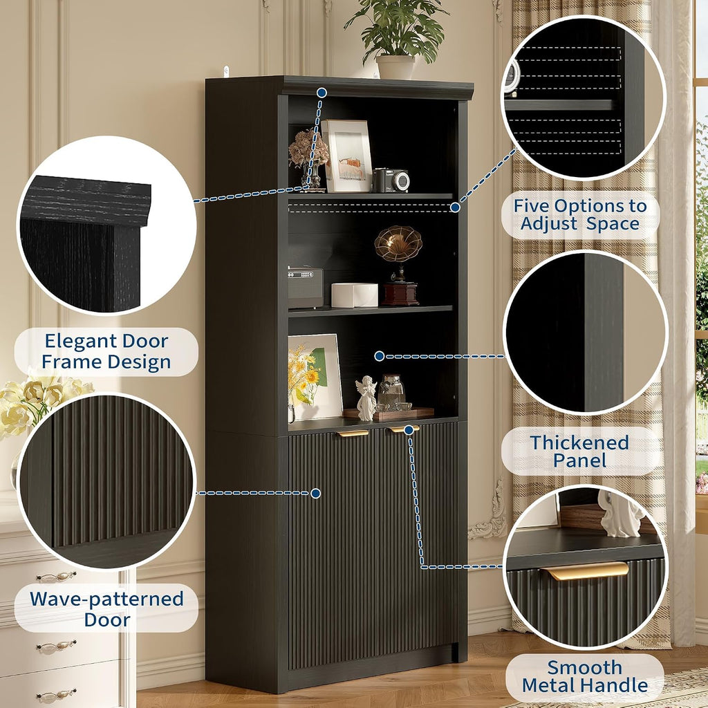 Tall Book Shelf and Bookcase 2 PCS, 31.5' Wide Wooden Bookcase with Doors, Farmhouse Book Case with Large Storage, 5-Shelf Bookcases with Adjustable top Shelve for Home Office, Living Room,Black
