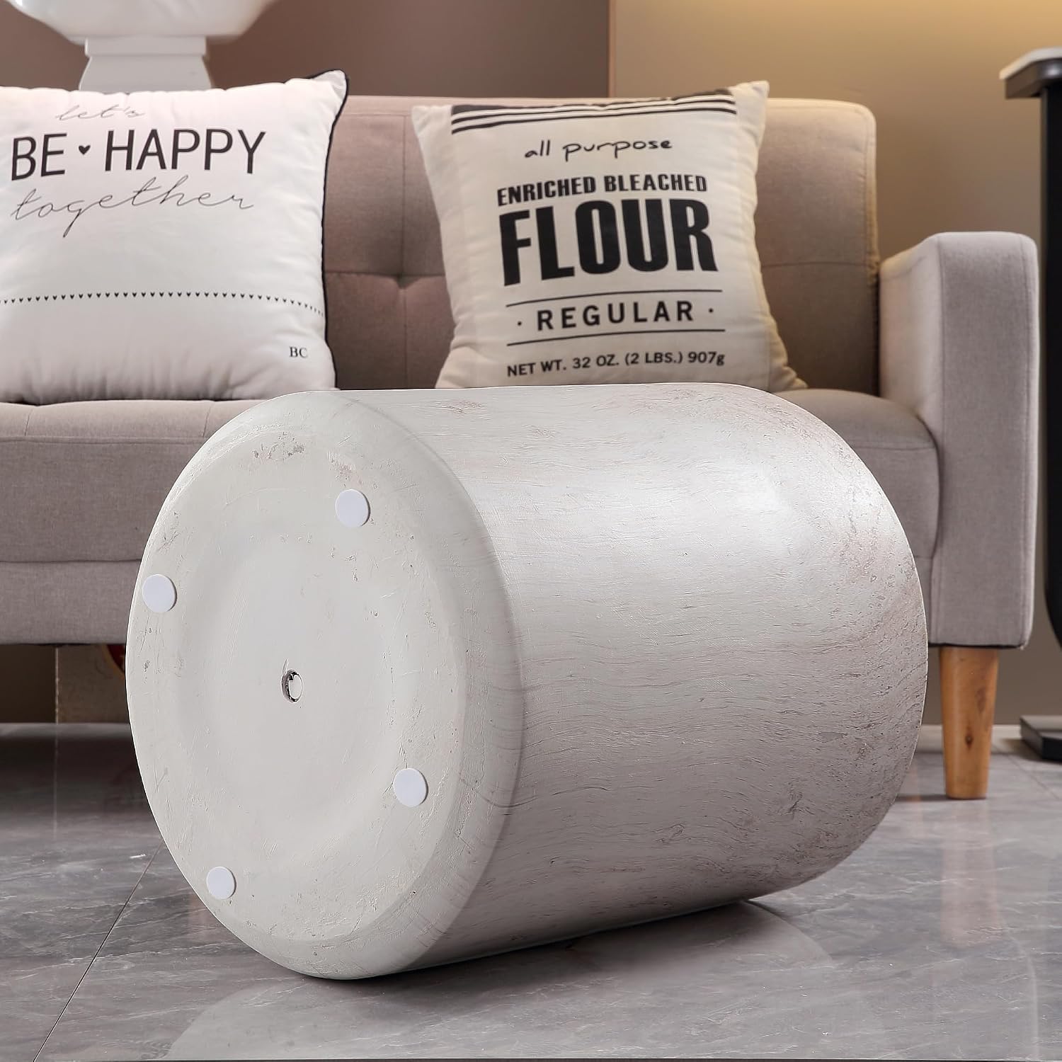 WILLIAMSPACE 15.75' Round End Table in Faux Marble, Modern Circle Drum Stone Side Table Travertine Small Coffee Table for Living Room, Outdoor, Magnesium Oxide, No Need Assembly, Light Beige