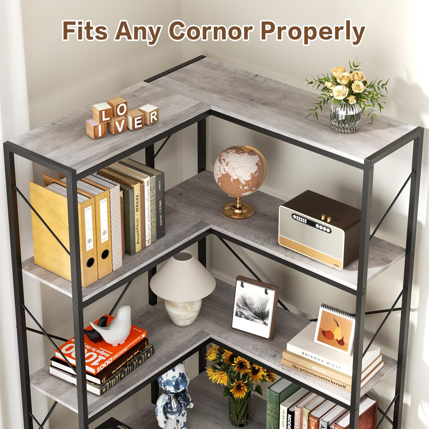 5 Tiers Corner Bookshelf, L-Shaped Bookcase Storage Organizer, Display Shelf Free Standing Book Shelf for Home Office, Living Room, Kitchen, Bedroom, Grey