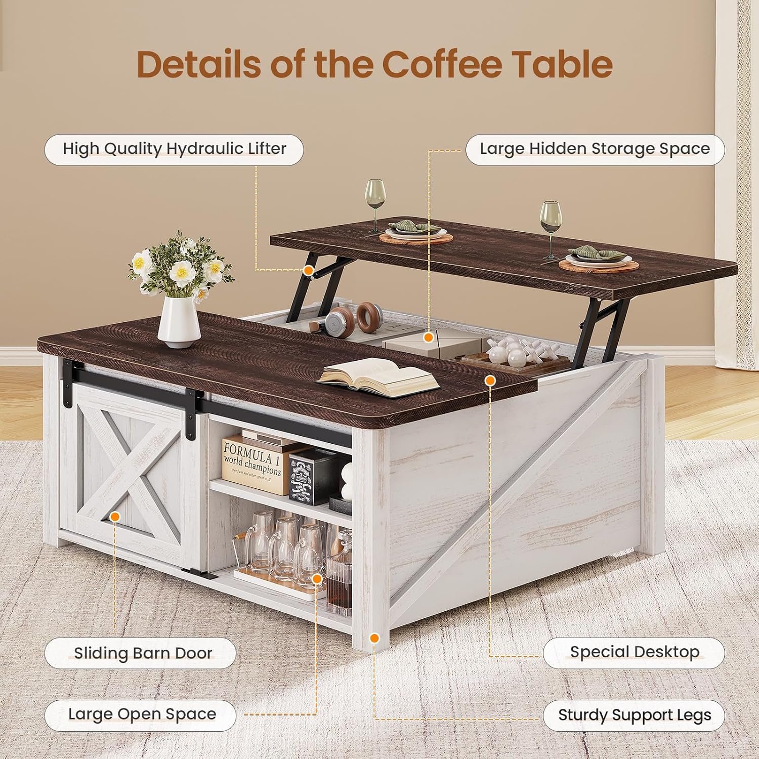 SEDETA 31.5' Lift Top Coffee Table with Storage, Square Coffee Tables for Living Room, Farmhouse Coffee Table with Large Hidden Storage Compartment and Adjustable Shelves, Vintage White