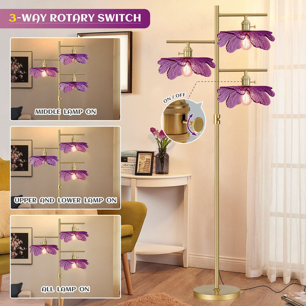 65' Gold Dimmable Floor Lamp, 3-Light Standing Lamp with Purple Flower Glass Shade, Vintage Tall Floor Lamp for Living Room Bedroom Corner Study Office Home