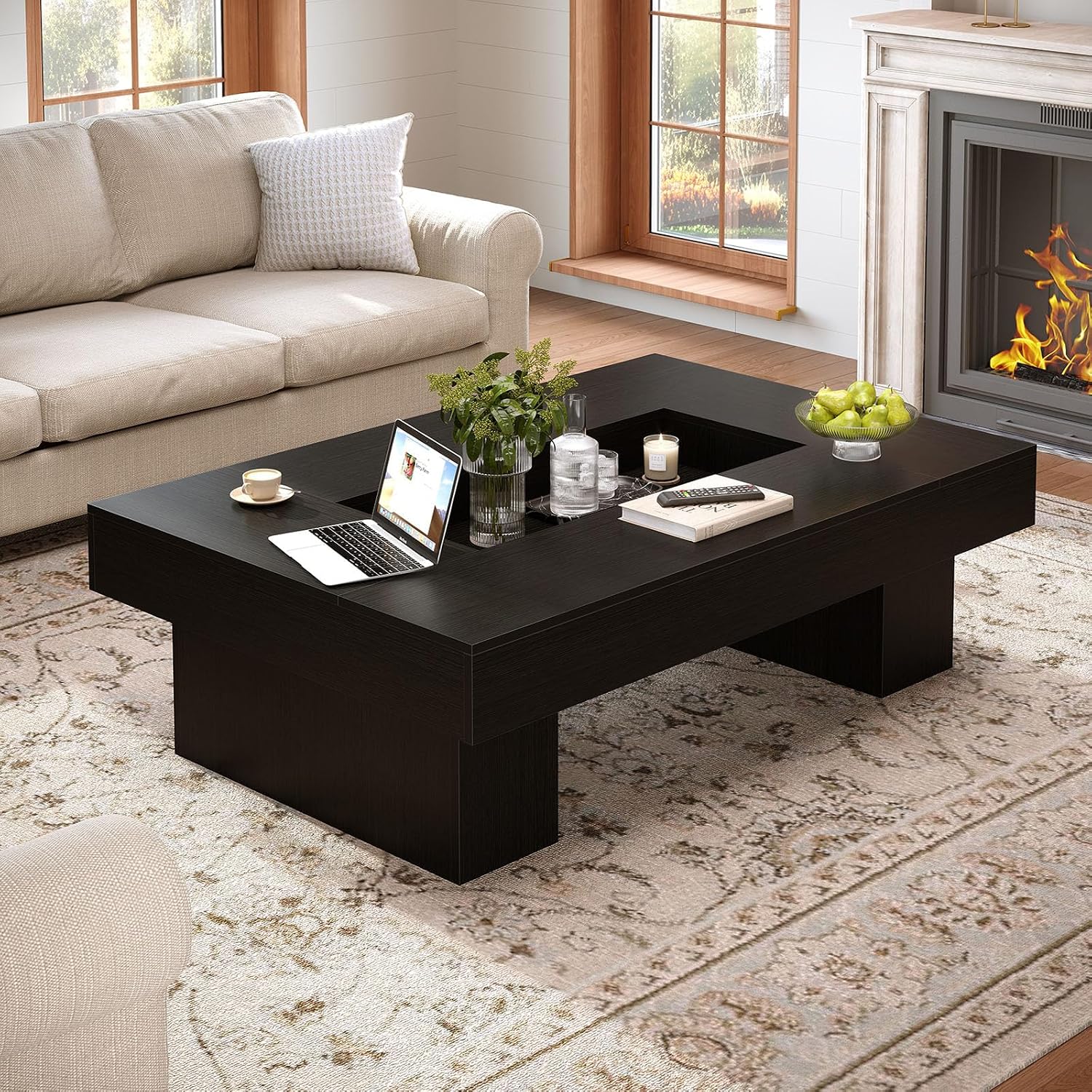 LVB Black Coffee Table, Modern Wood Led Living Room Table with Storage, Unique Large Wide Rectangle Center Table with LED Light, Contemporary low Tea Table for Bedroom Home Office, 47.24 In, Black Oak