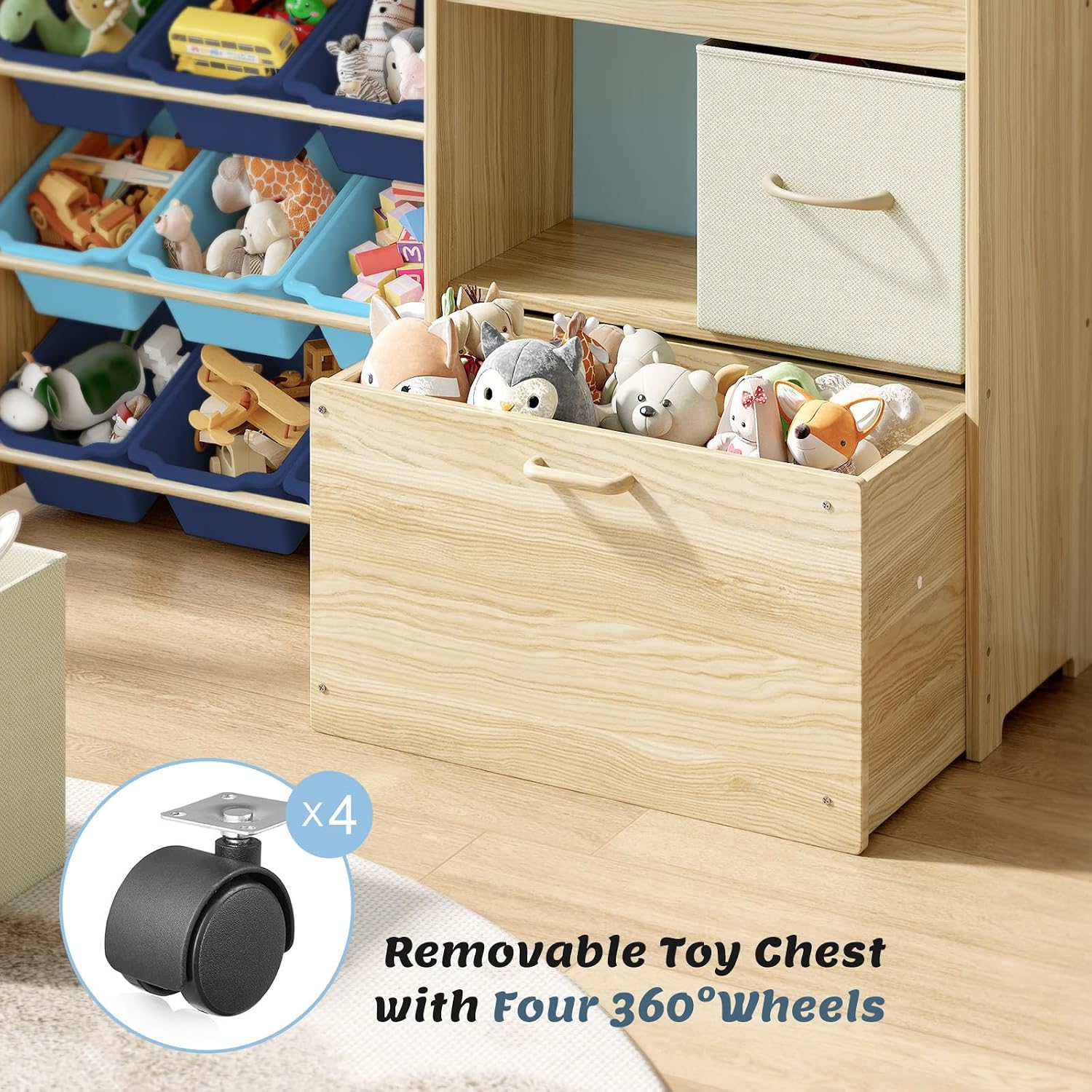 EXPERLAM Toy Storage Organizer for Kids, 9-Bin Toy Organizer with 2-Drawers,Movable Toy Chest and Top Rack, Kids Bookshelf and Toy Storage for Playroom, Bedroom, Nursery, Blue
