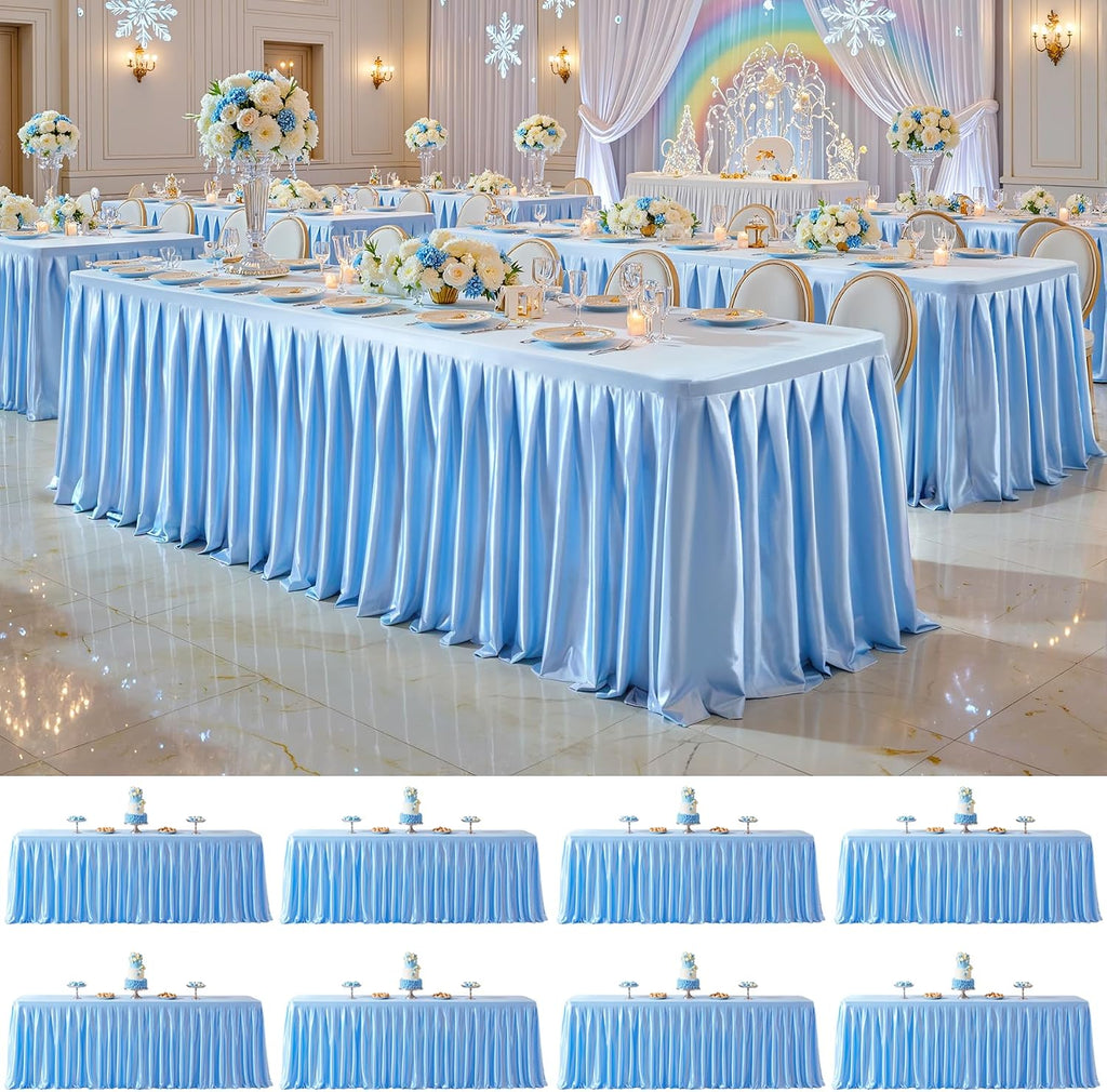 8 Pack 6FT Blue Satin Tablecloths for Rectangle Tables - Shiny Spandex Party Table Cover with Pleated Table Skirt, No-Wrinkle & Glossy Wedding Tablecloth One-Piece for Birthday Baby Shower Banquet