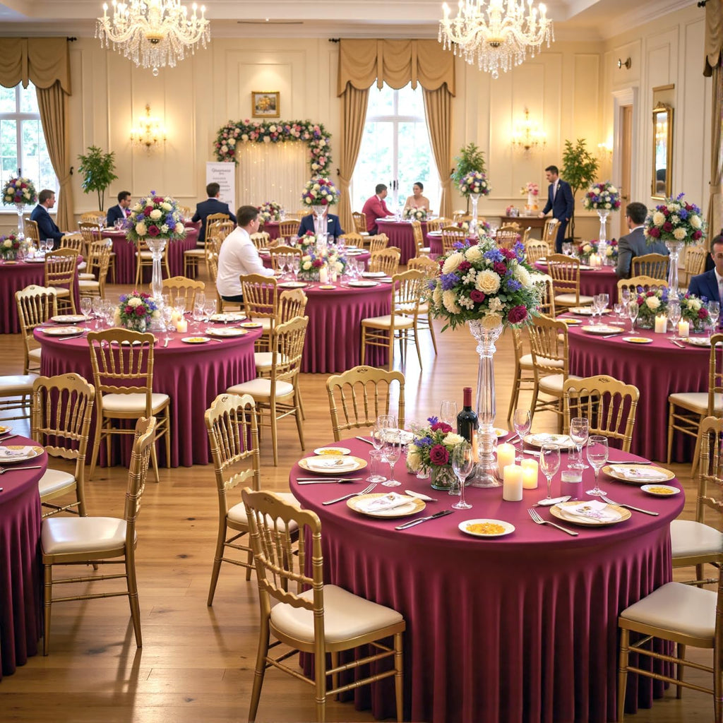 leegleri 6 Pack Burgundy 60inch Spandex Round Tablecloths, Stretchy 120inch Fitted 5FT Round Table Cloths, Wrinkle Free Table Cover with Skirt for Wedding Party Dining Banquet