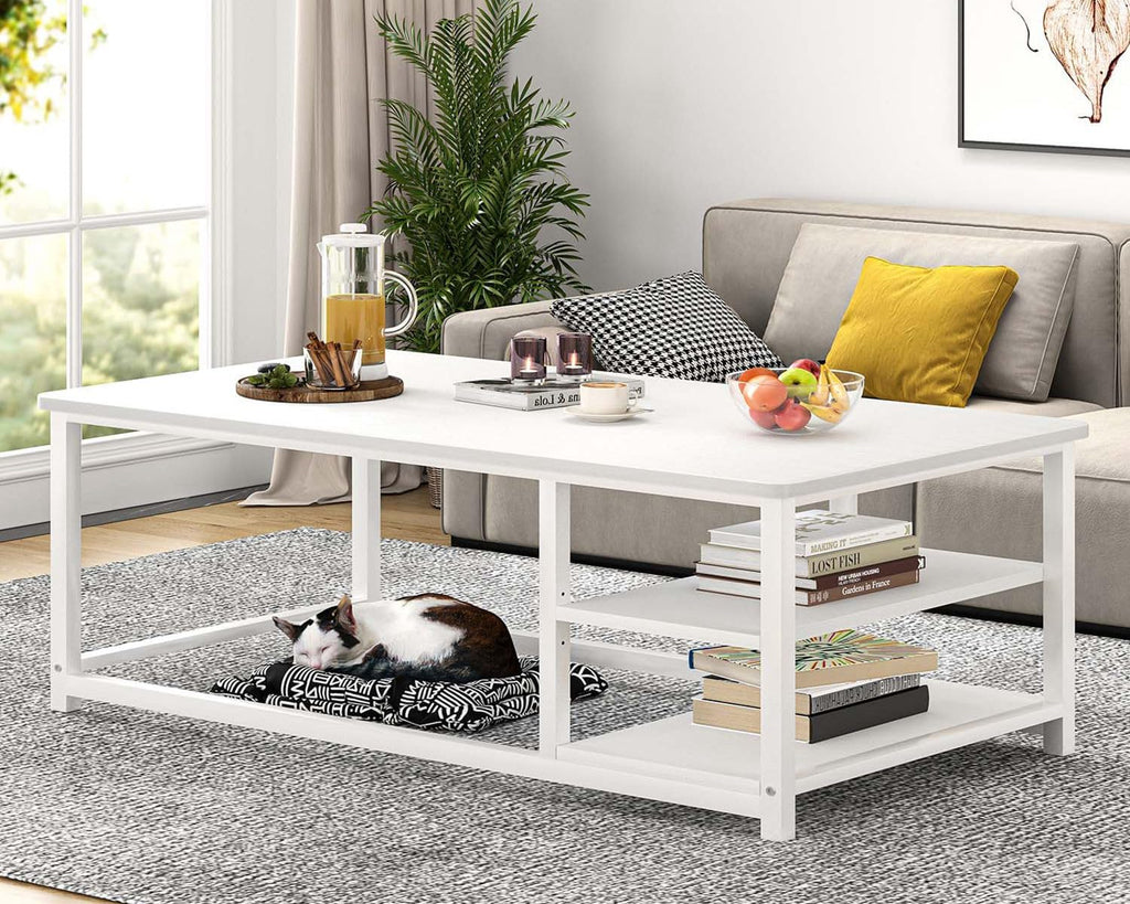 EXCEFUR White Coffee Table, Modern Rustic Wood Center Table with Storage for Living Room, Industrial Rectangle Cocktail Tea Table, 47 Inch