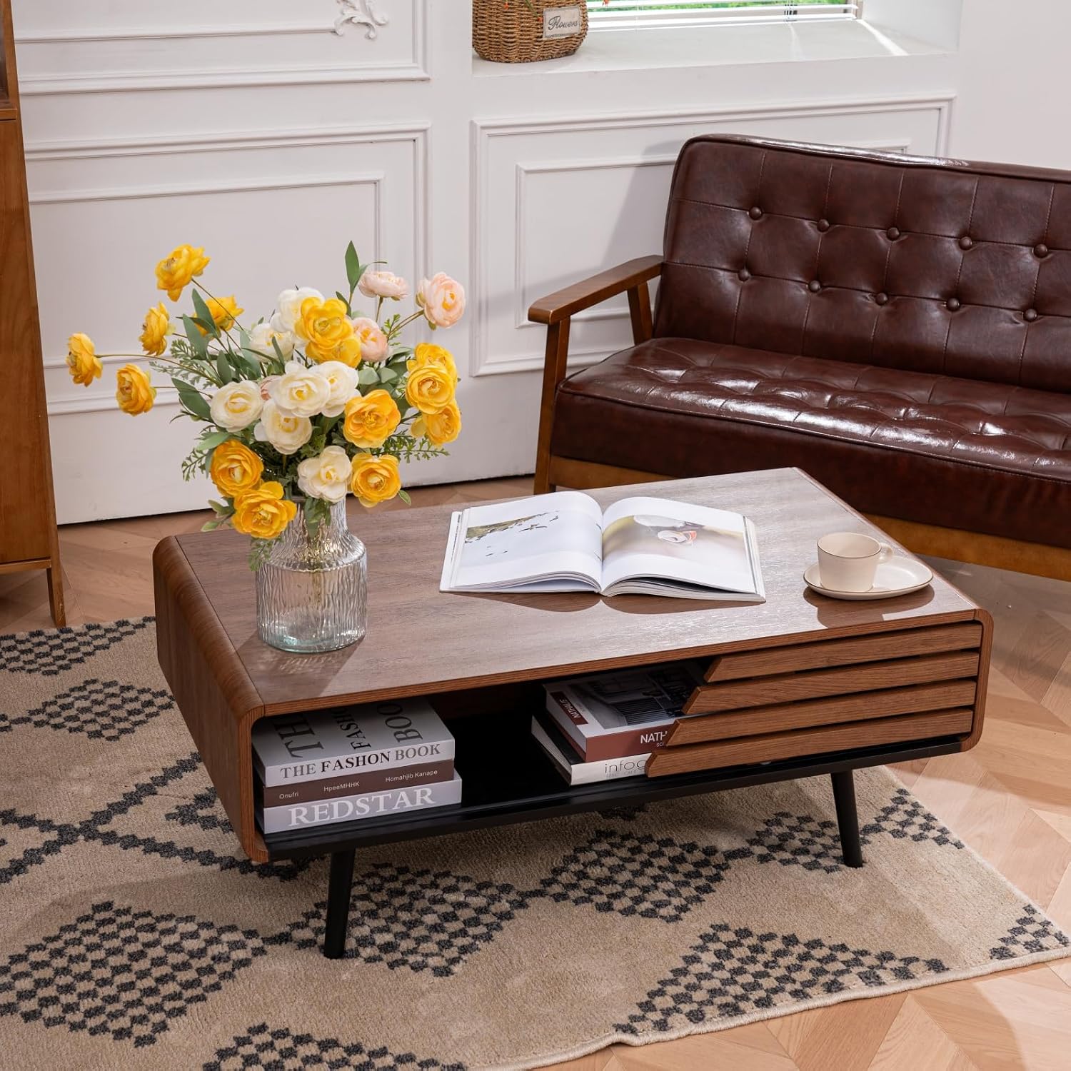 Coffee Table, 40' Modern Coffee Table with Storage and Sliding Door for Living Room, Black and Walnut