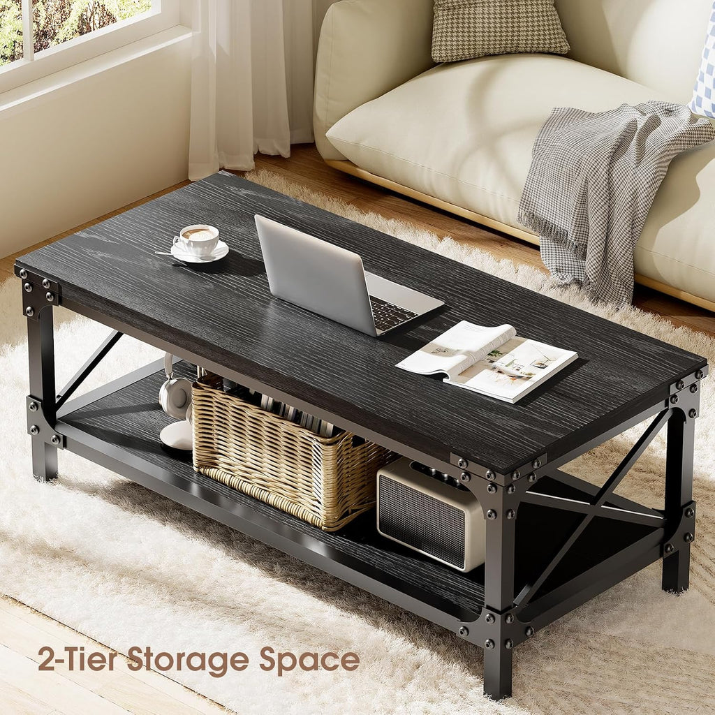 Rectangle Coffee Tables for Living Room, Wood Rectangular Coffee Table, 2 Tier Industrial Modern Center Table with Thickened Tabletop and Metal Frame, 47 inch Long (Black)