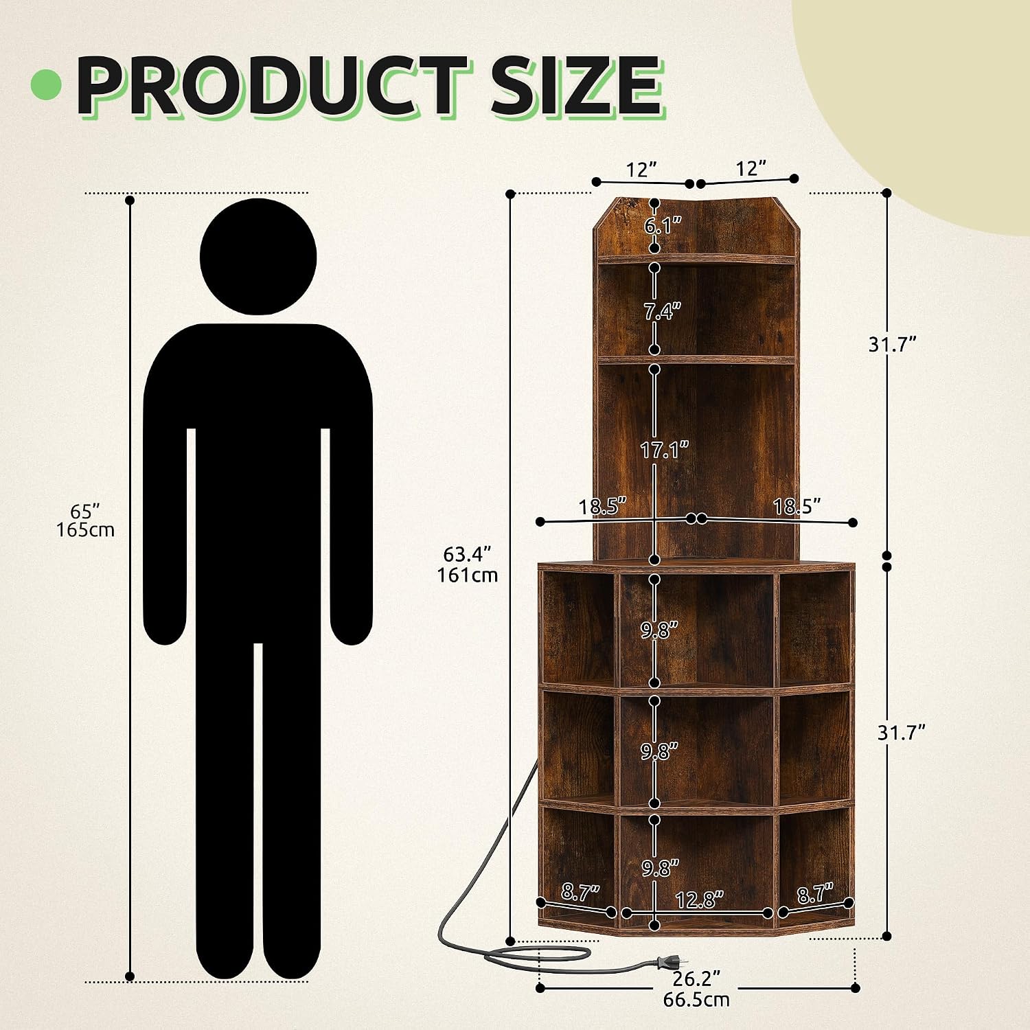 GOOBED Corner Shelf Cabinet, Industrial Corner Storage Rack with Charging Station, Wooden Display Bookshelf Living Room, Bedroom, Dining Room, Kitchen, Rustic Brown