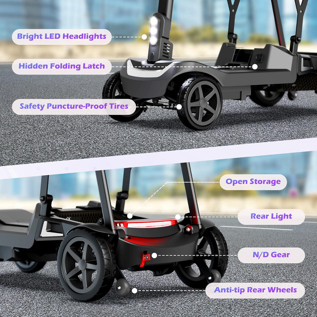 Lightweight Mobility Scooter for Seniors & Adults - 37.5 lb Aluminum Frame, Cruise & Airline Approved, Foldable Portable Motorized Scooter, No Assembly Needed, Removable Batteries, 265lb Load, Black