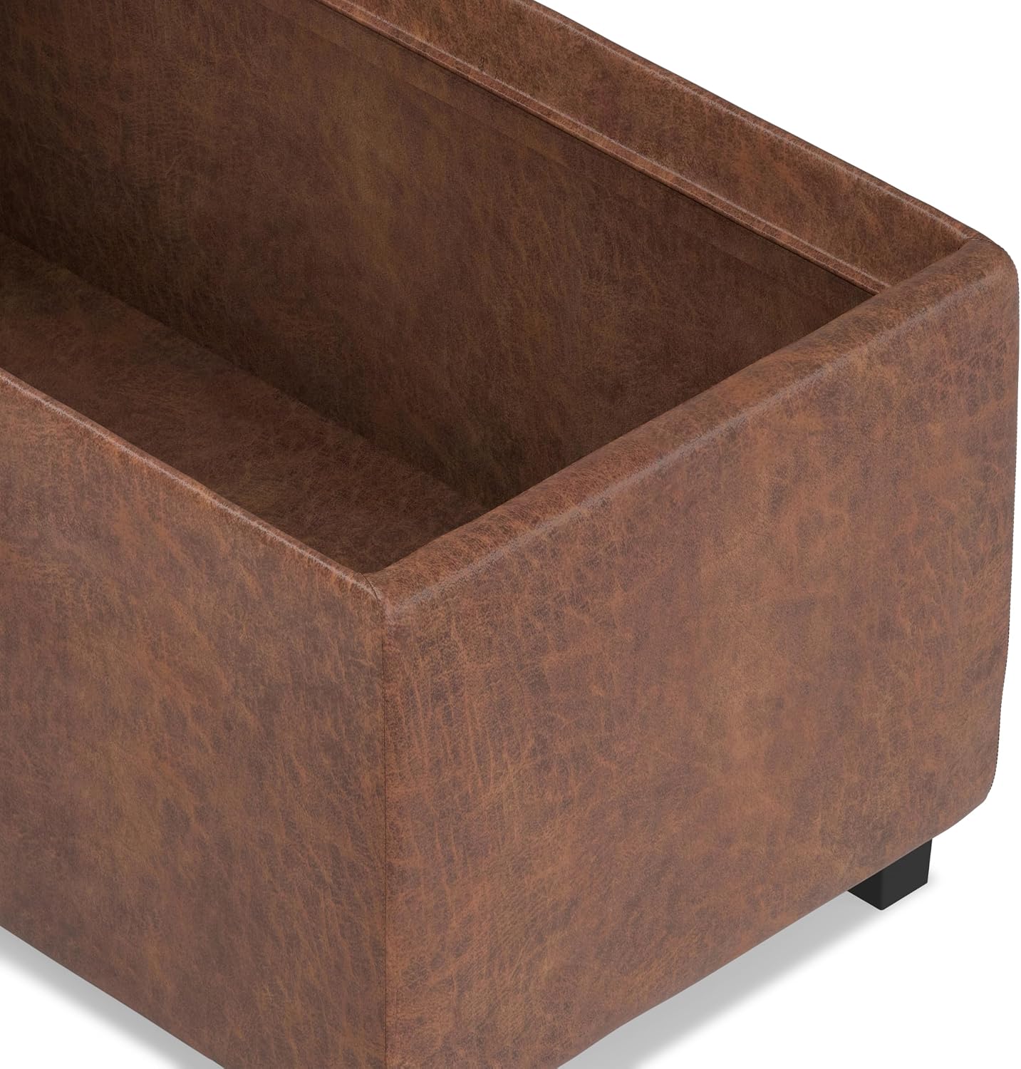 SIMPLIHOME Avalon Storage Ottoman - 42 inch Wide Upholstered Vegan Leather Rectangular Flip-Top Ottoman in Distressed Saddle Brown, Contemporary Coffee Table Ottoman for Living Room with Storage