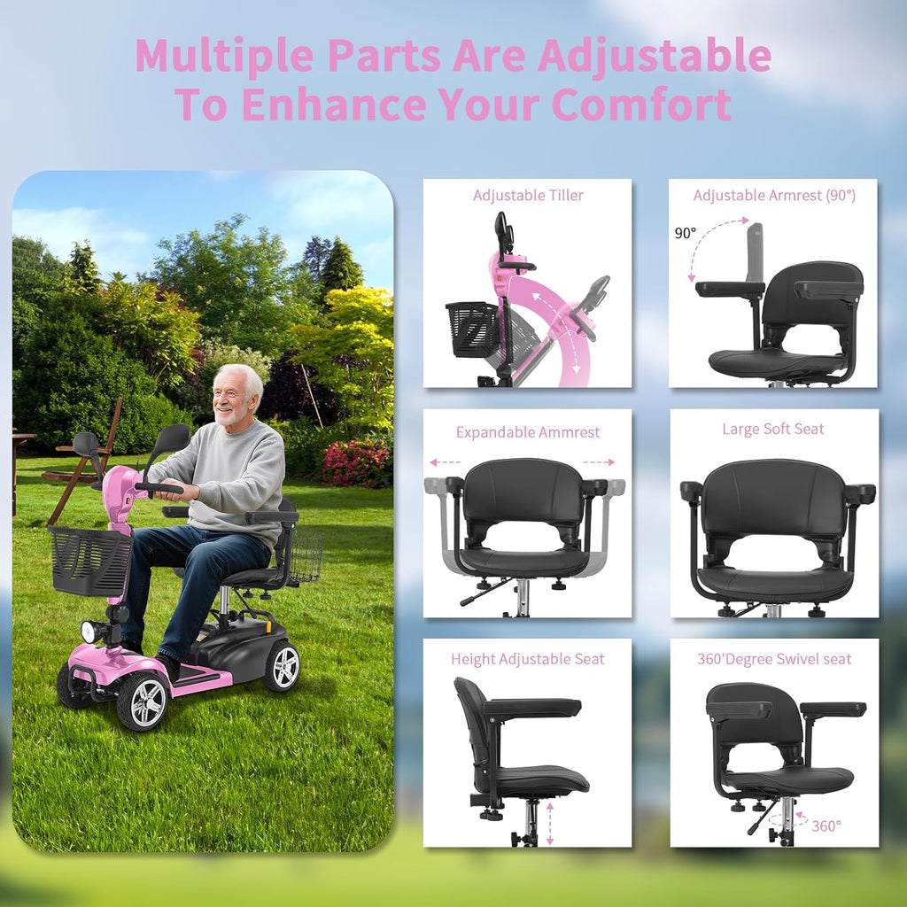 Mobility Scooter for Seniors/Adults,20/35 Miles up to 300lbs Capacity, 4 Wheels Mobility Scooters 350W 7MPH,USB Charging Detachable Lithium Battery with Rear Mirror