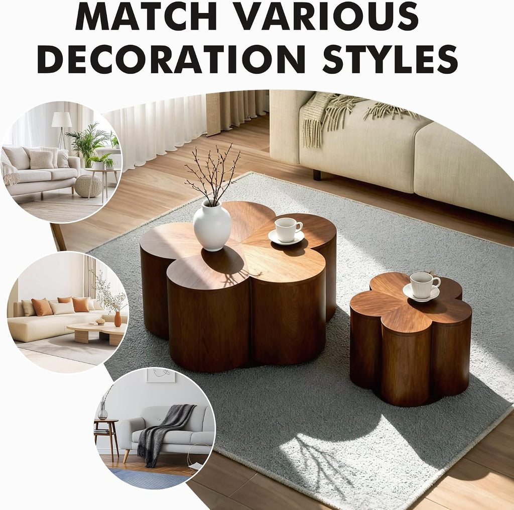Nesting Tables for Living Room with Storage, Retro Nesting Coffee Table Set of 2, Petal Walnut Solid Wood Coffee Tables Mid Century Modern Center End Side Table Sets for Farmhouse Apartment Office